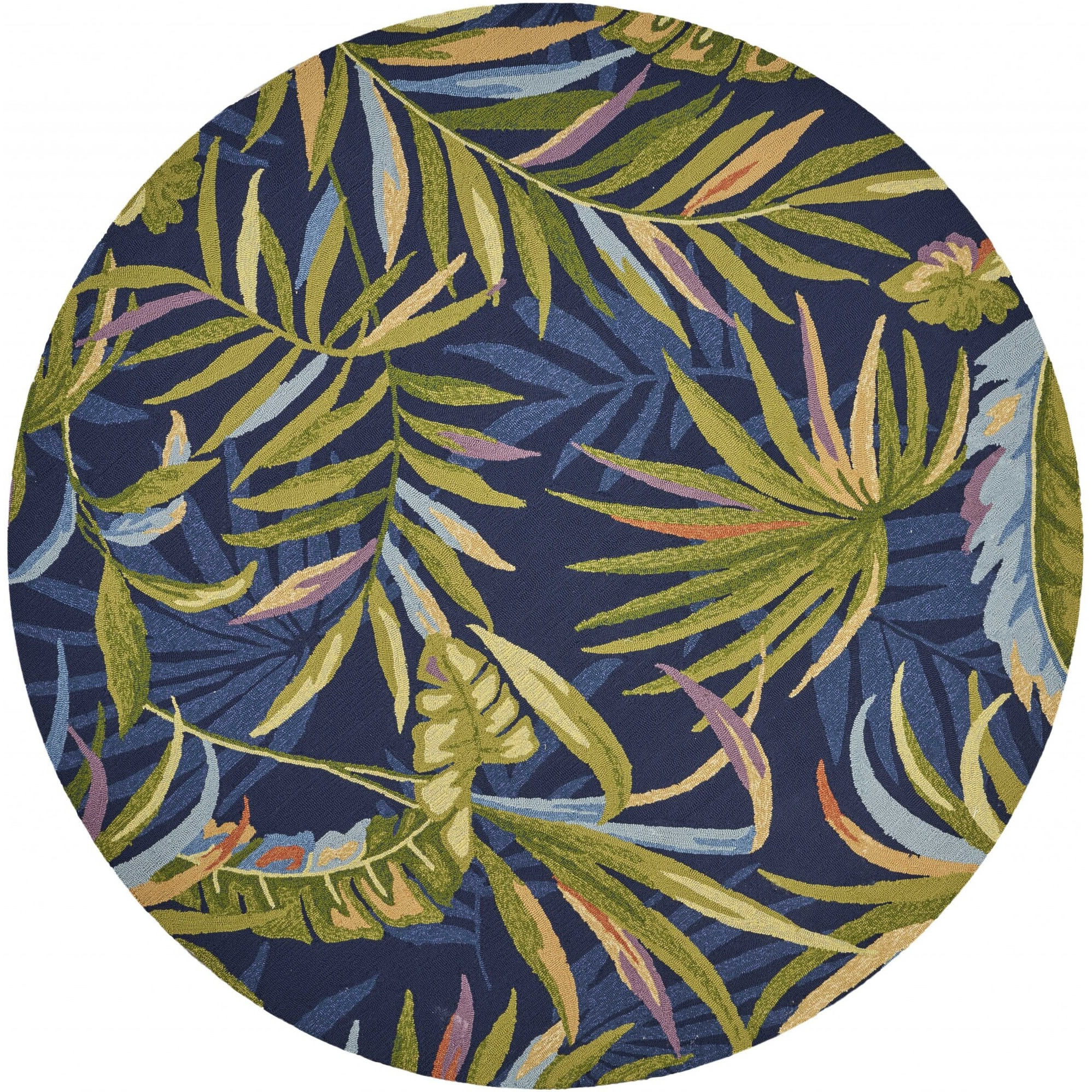 8' Ink Blue Hand Hooked Uv Treated Oversized Tropical Leaves Round Indoor Outdoor Area Rug
