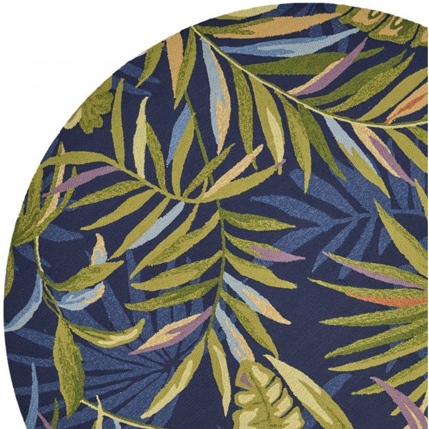 8' Ink Blue Hand Hooked Uv Treated Oversized Tropical Leaves Round Indoor Outdoor Area Rug