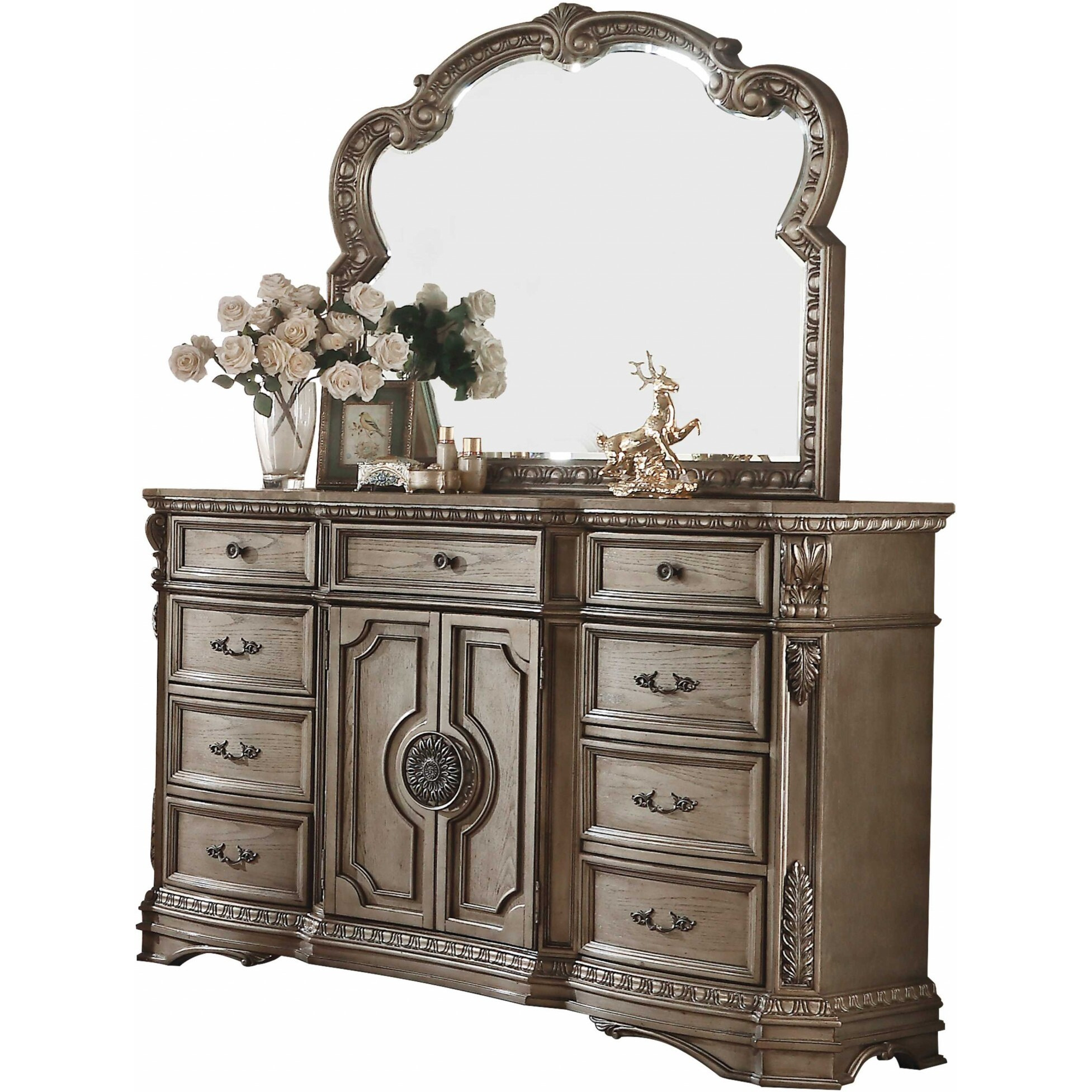 18"" X 68"" X 42"" Antique Champagne Wood Poly Resin Dresser Wwooden Top