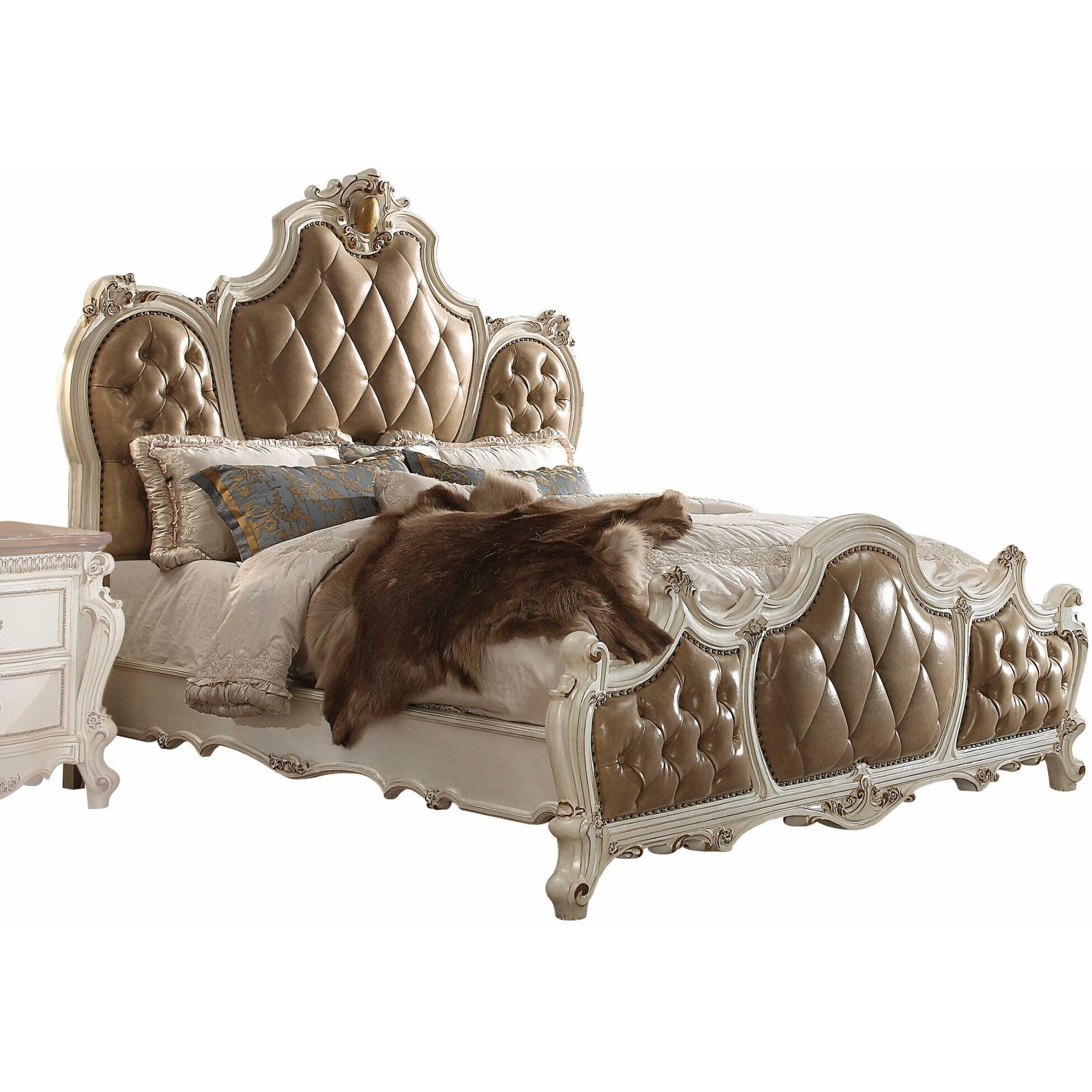 85"" X 93"" X 78"" Pu Antique Pearl Wood Poly Resin Upholstery California King Bed