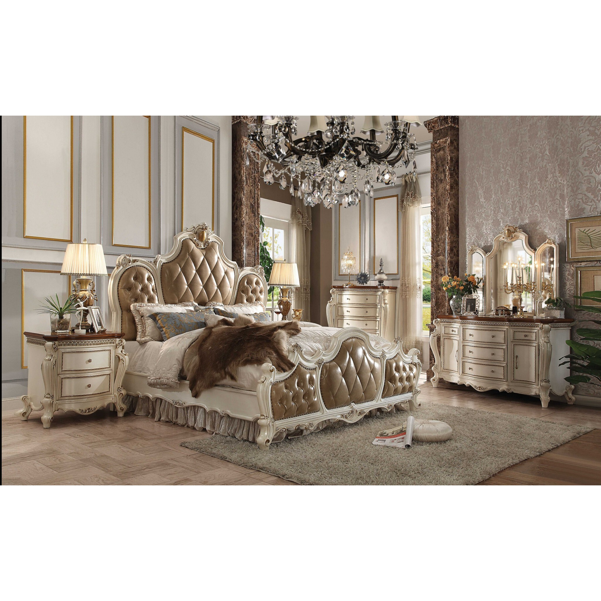 85"" X 93"" X 78"" Pu Antique Pearl Wood Poly Resin Upholstery California King Bed