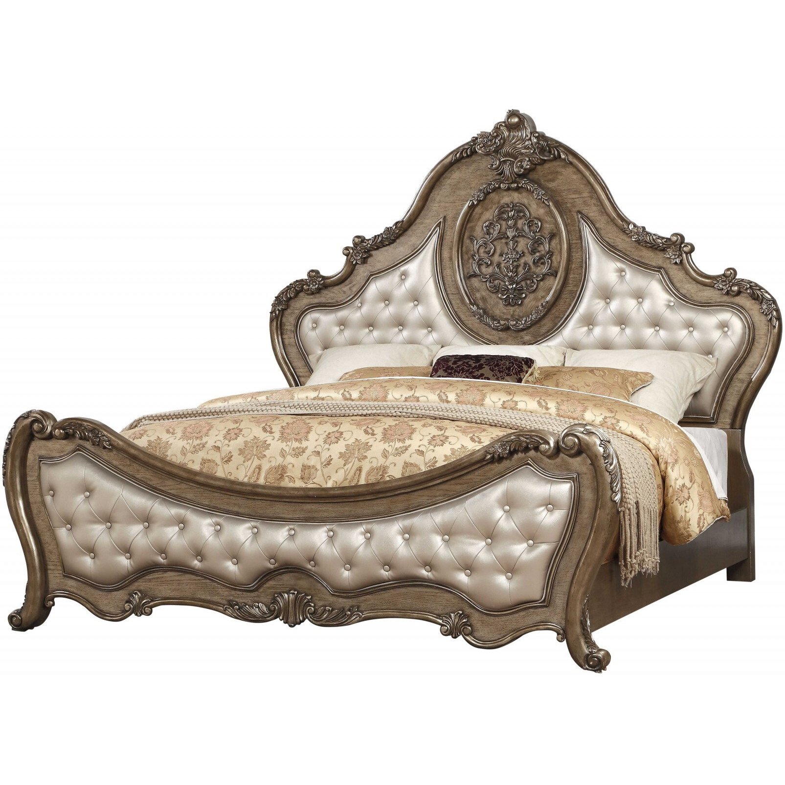 73"" X 89"" X 76"" Pu Vintage Oak Wood Upholstery Queen Bed