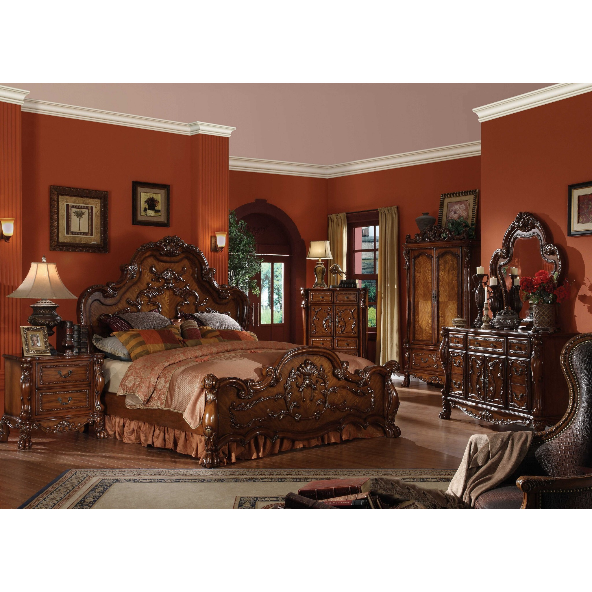 72"" X 91"" X 72"" Cherry Oak Wood Poly Resin Queen Bed