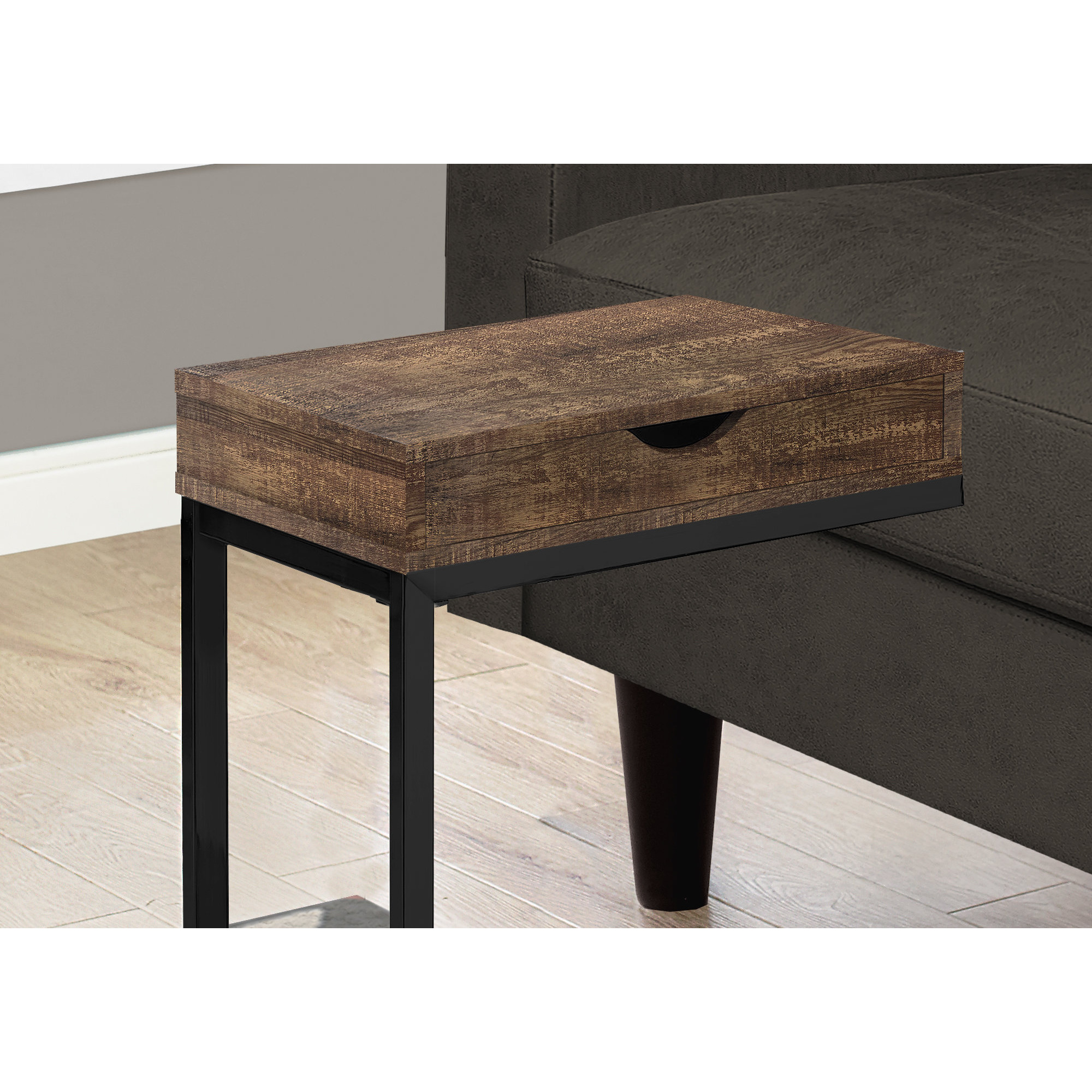 10.25"" X 15.75"" X 24.5"" Brown Finish Drawer And Black Metal Accent Table