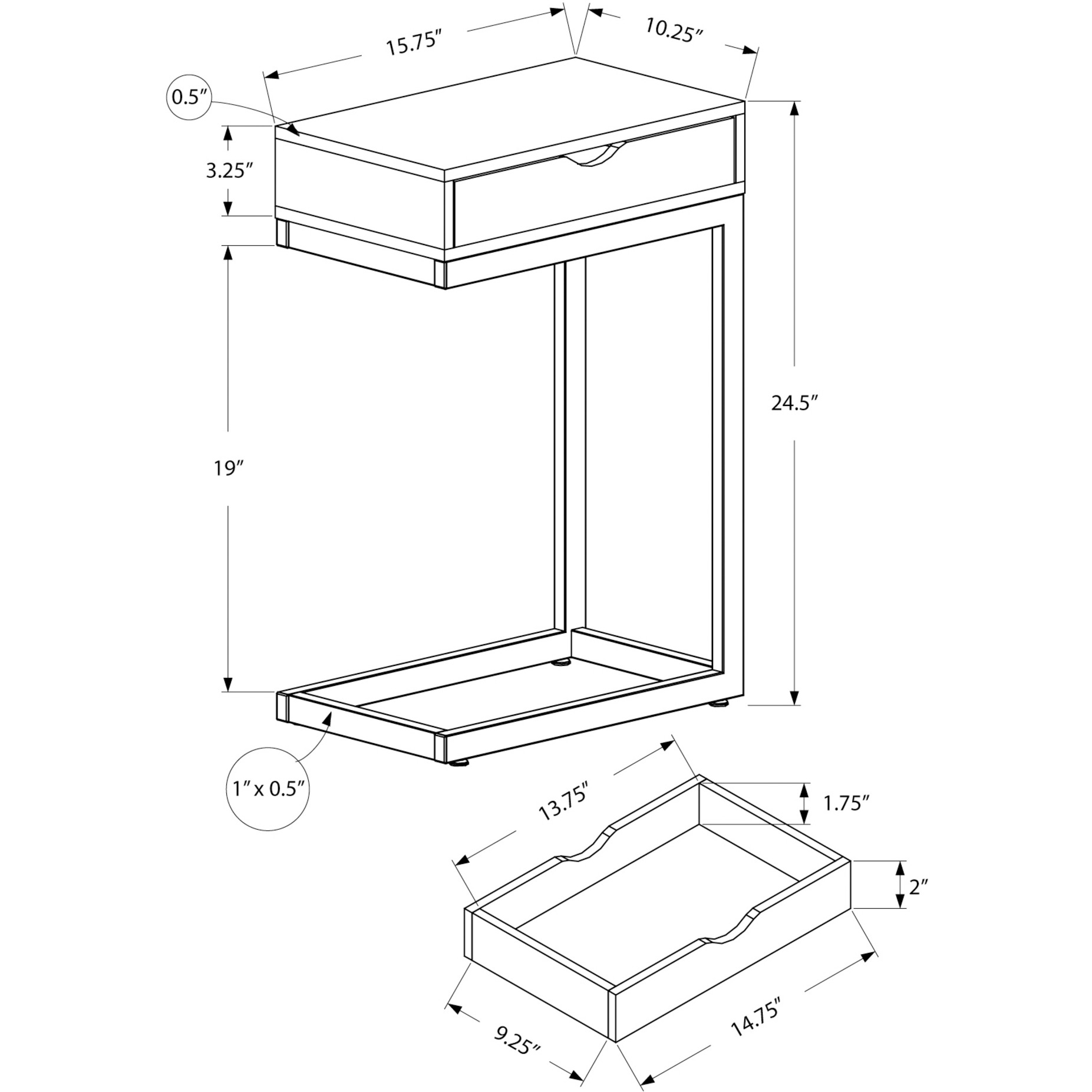 10.25"" X 15.75"" X 24.5"" Brown Finish Drawer And Black Metal Accent Table