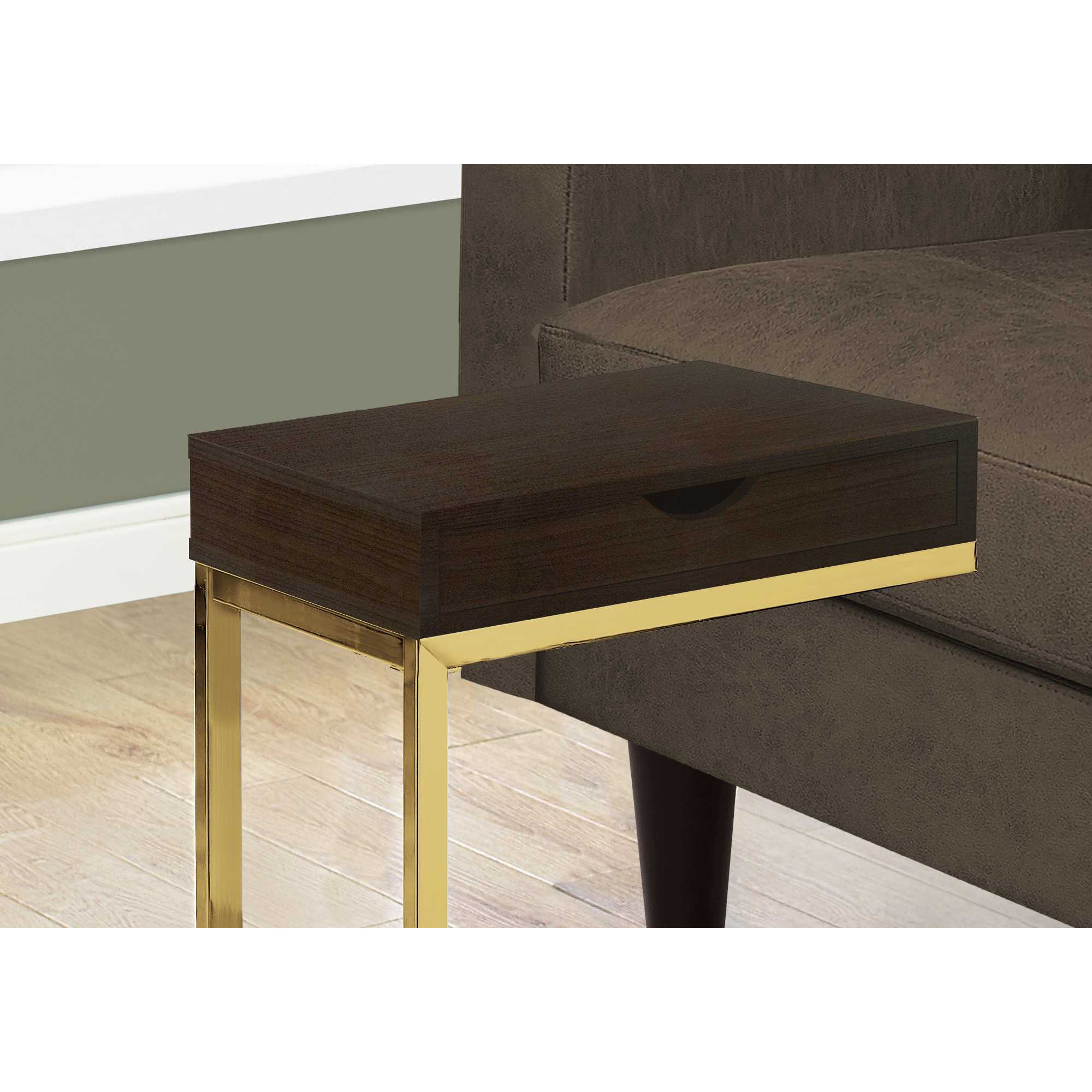 10.25"" X 15.75"" X 24.5"" Cappuccino Finish And Gold Laminated Drawer Accent Table
