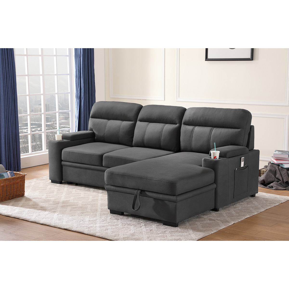 Kaden Gray Fabric Sleeper Sectional Sofa Chaise With Storage Arms And Cupholder