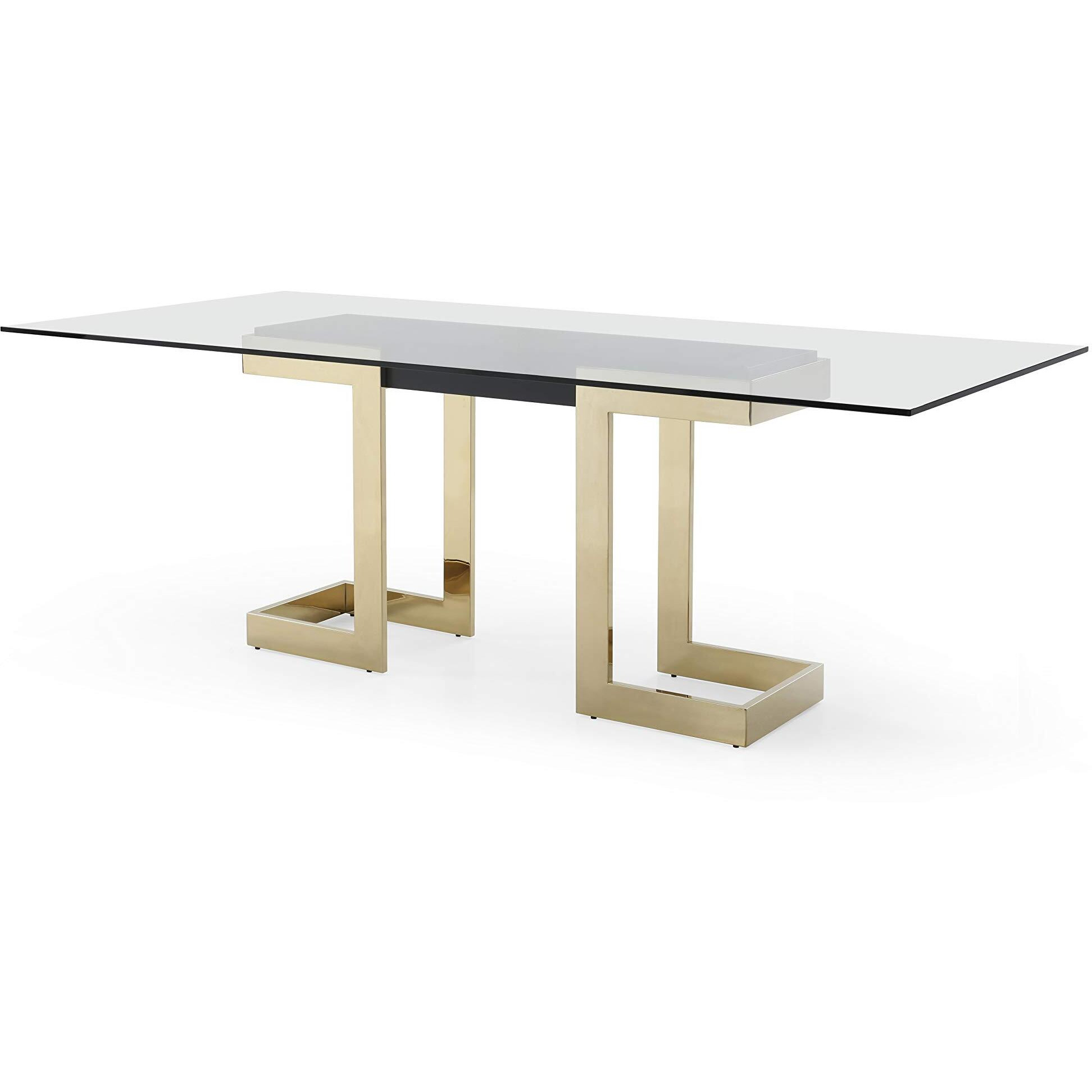 Whiteline Modern Living Sumo Rectangle Dining Table  12Mm Clear Tempered Glass Top  Polished Gold Stainless Steel Base  Matte Black Connector Between The Legs  39"" L X 87"" W X 30"" H