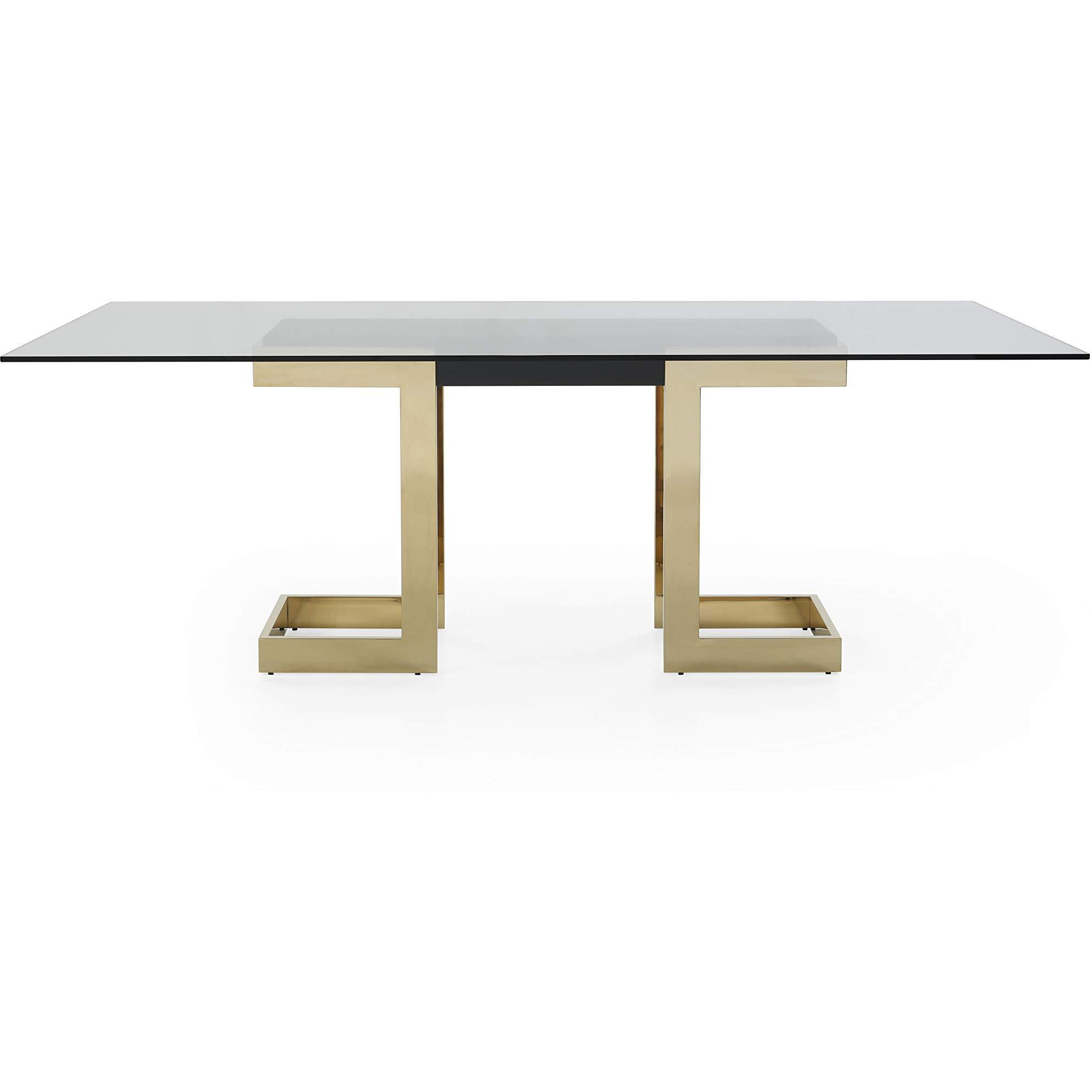 Whiteline Modern Living Sumo Rectangle Dining Table  12Mm Clear Tempered Glass Top  Polished Gold Stainless Steel Base  Matte Black Connector Between The Legs  39"" L X 87"" W X 30"" H