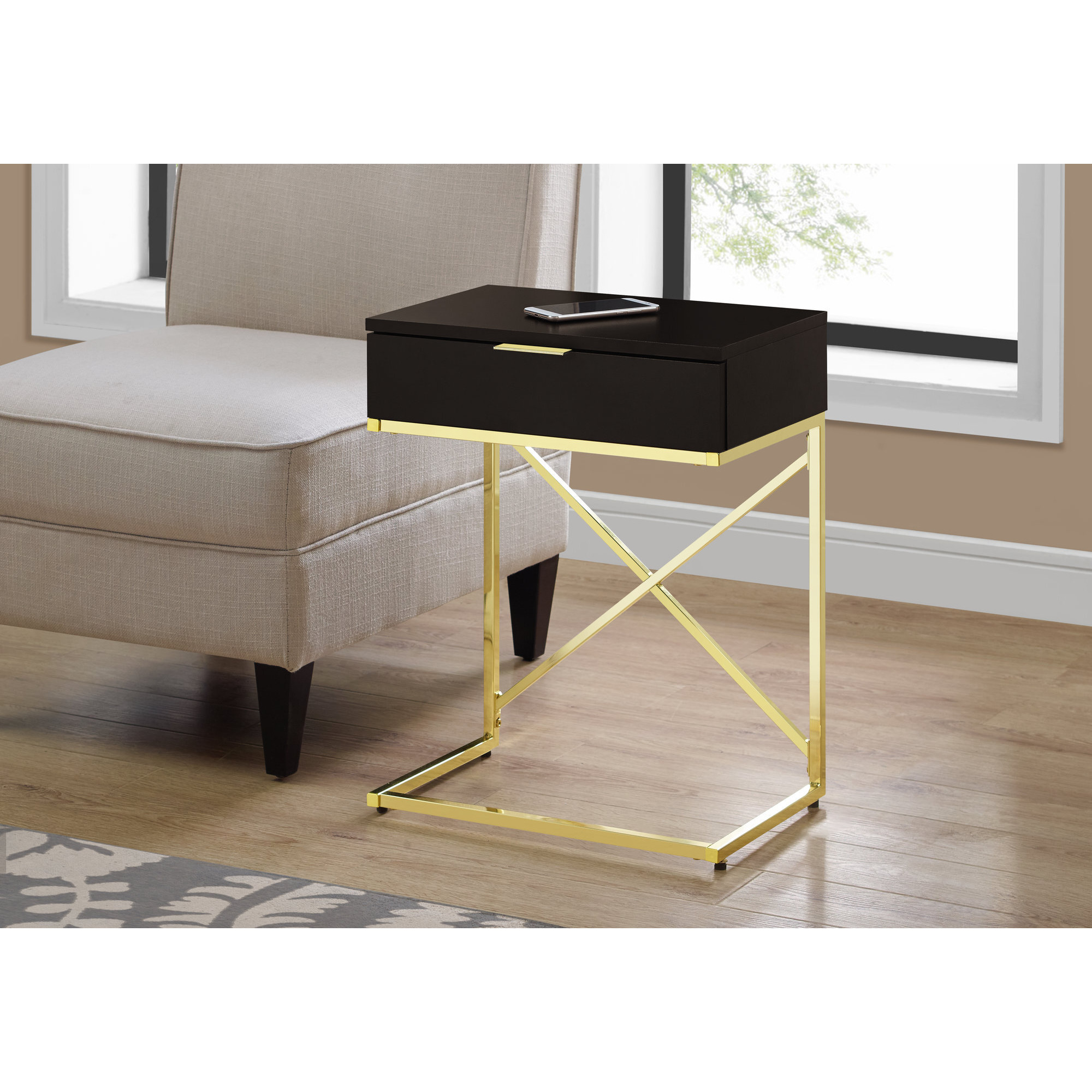 18.2"" X 12.8"" X 23.5"" Cappuccino Finish Gold Metal Accent Table