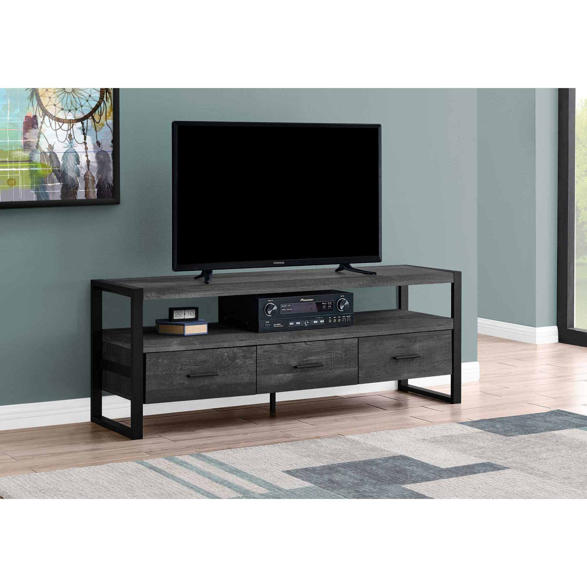 21.75"" Black Particle Board Hollow Core & Black Metal Tv Stand With 3 Drawers