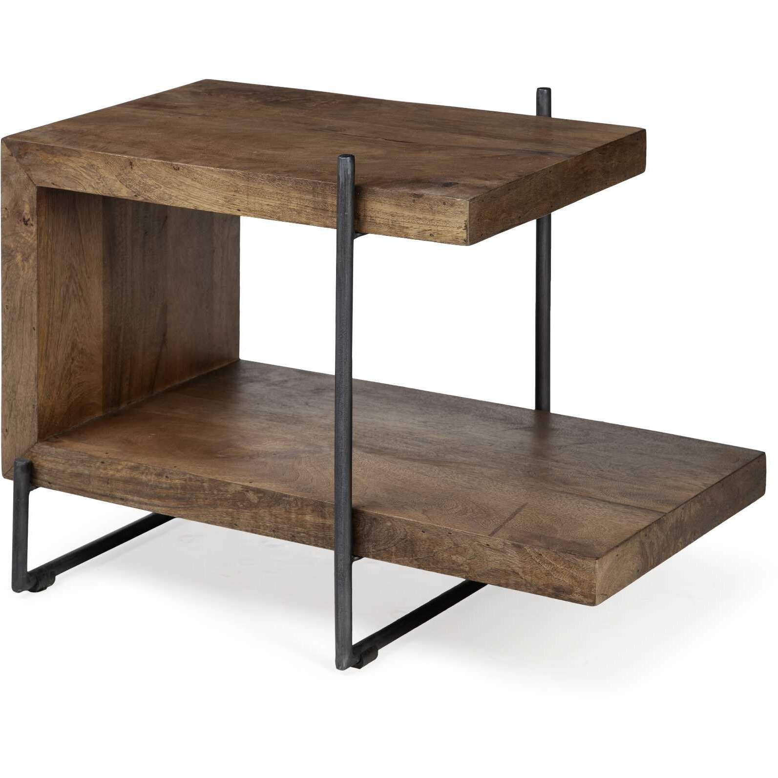 Medium Brown Wood U Shaped Side Table With Extended Storage Shelf