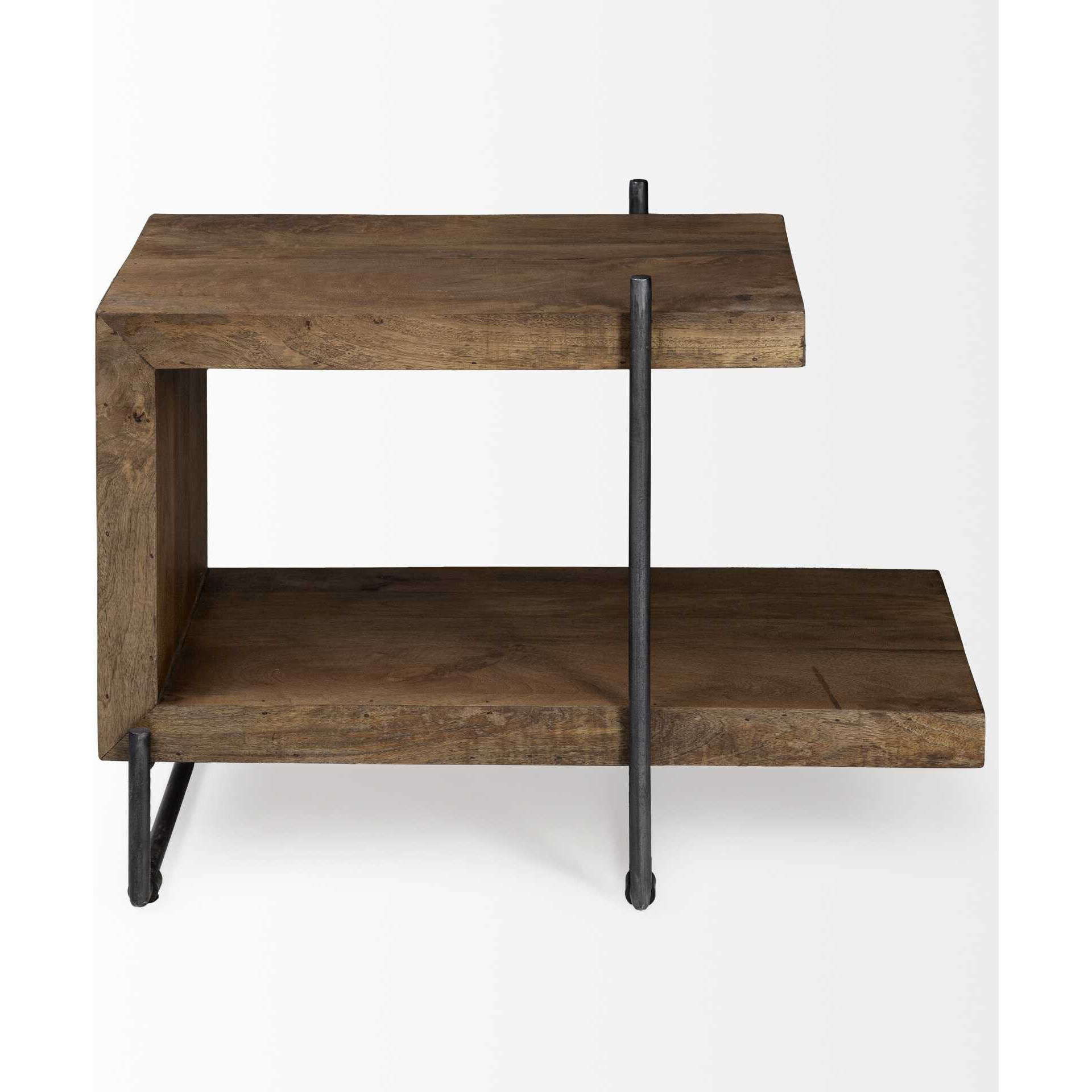 Medium Brown Wood U Shaped Side Table With Extended Storage Shelf