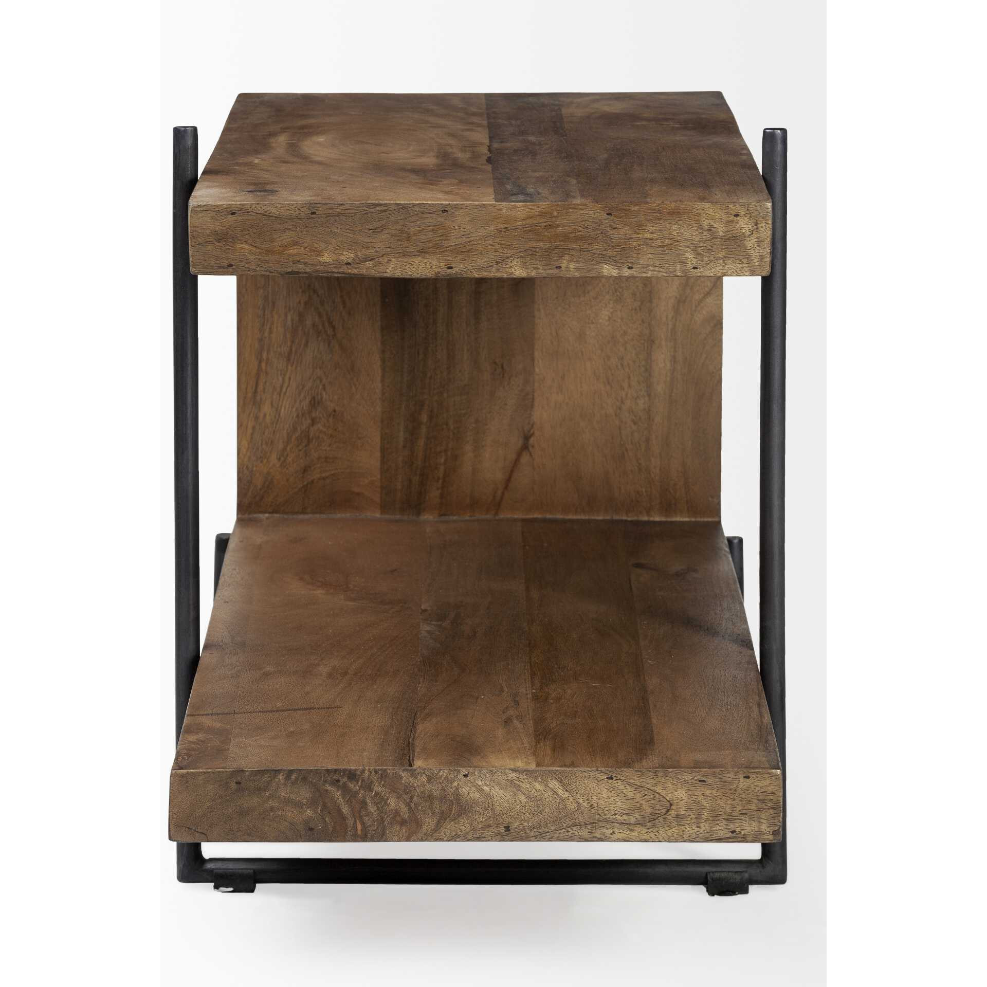 Medium Brown Wood U Shaped Side Table With Extended Storage Shelf
