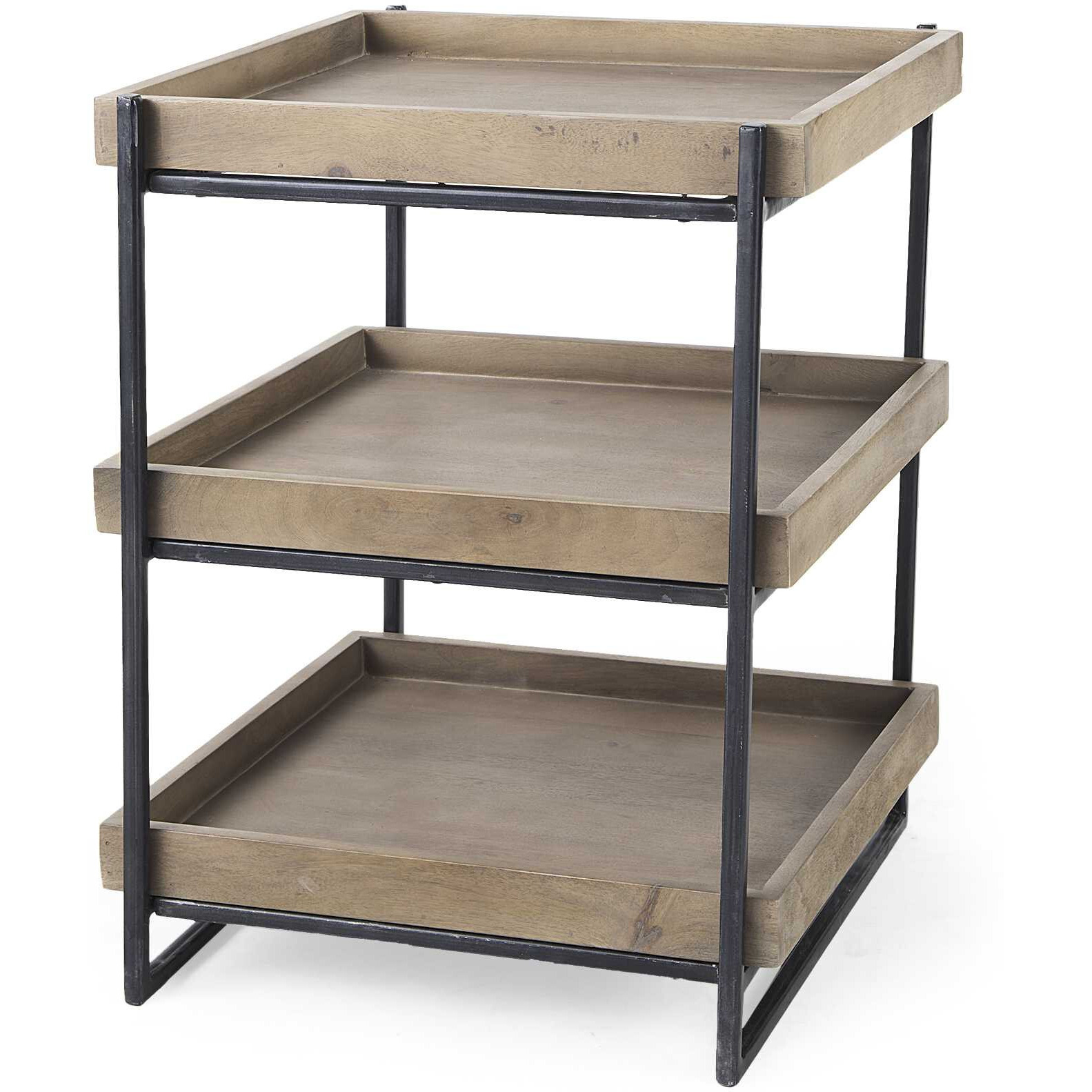 Medium Brown Wooden Square Top Side Table With Three-Tiered Black Iron Frame