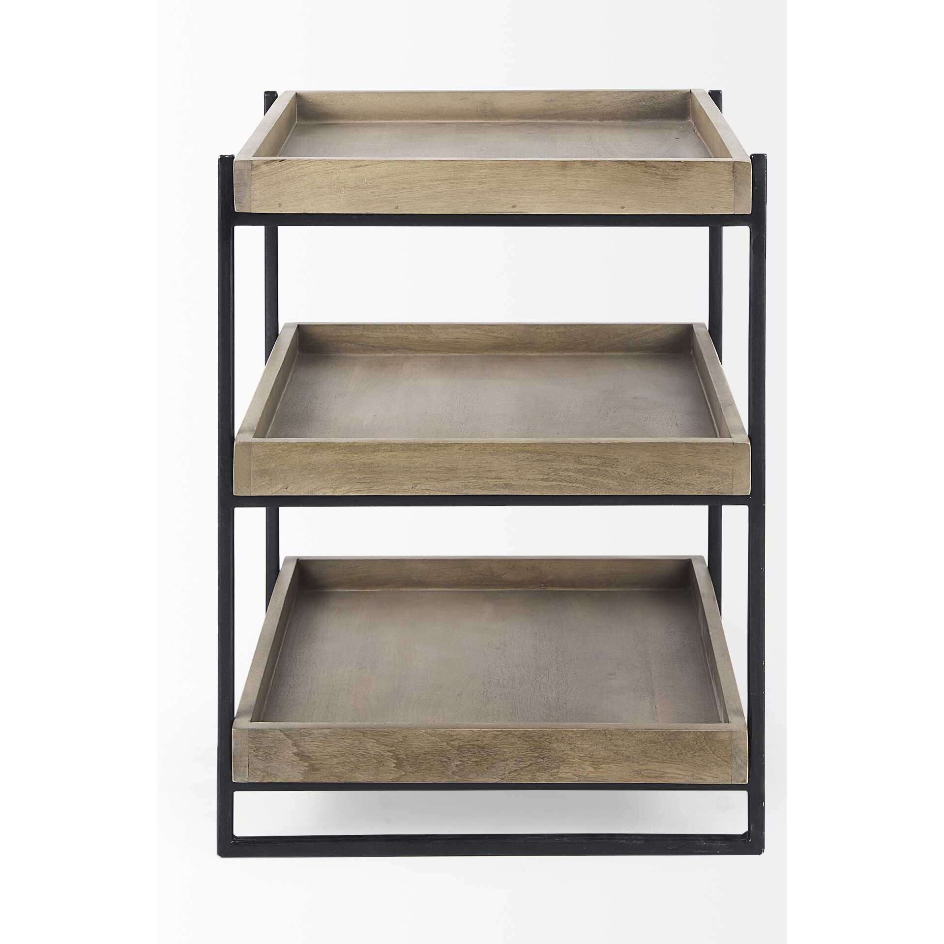 Medium Brown Wooden Square Top Side Table With Three-Tiered Black Iron Frame