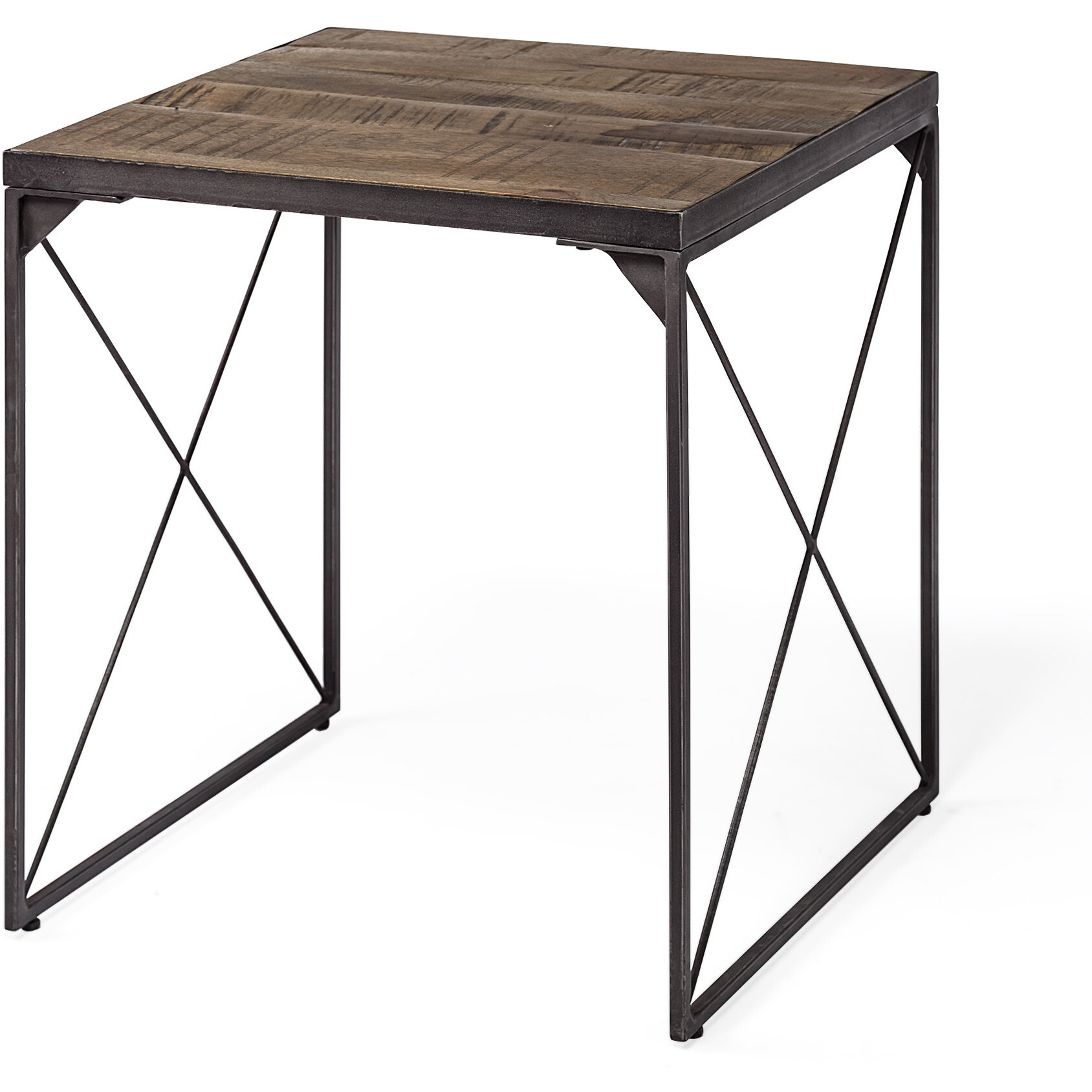 Medium Brown Wood Side Table With Square Top And Iron Cross Braced