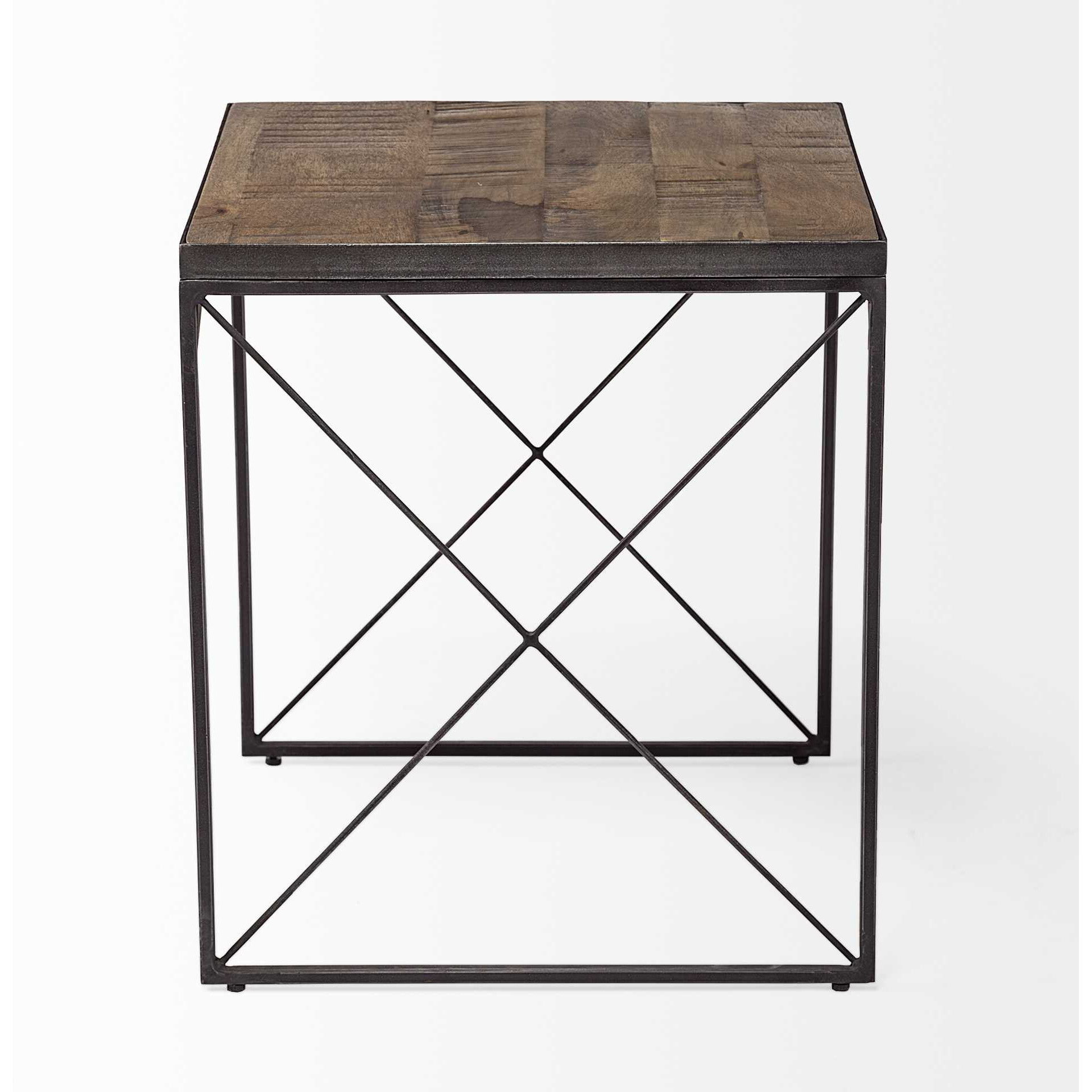 Medium Brown Wood Side Table With Square Top And Iron Cross Braced