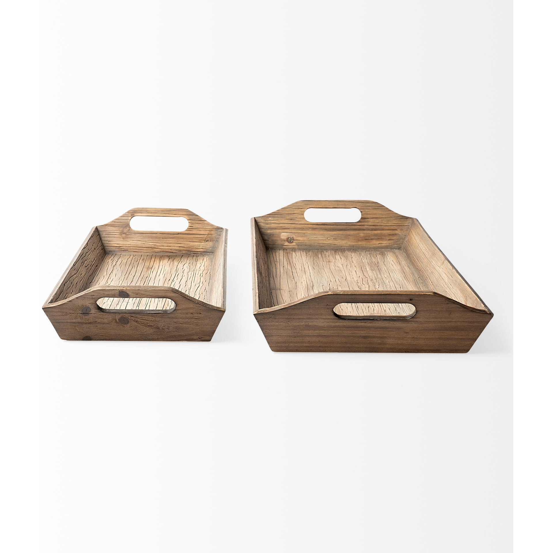 Set Of 2 Natural Brown Wood With Grains And Knots Highlight Trays