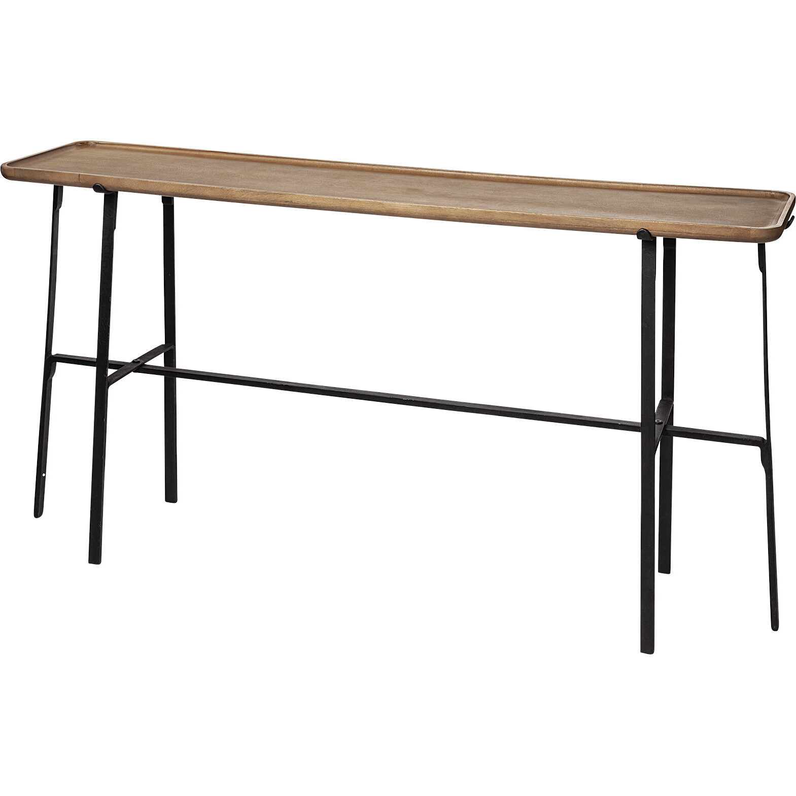Rectangular Light Brown Raised Edge Mango Wood Finish Console Table With Black Metal Frame And Base