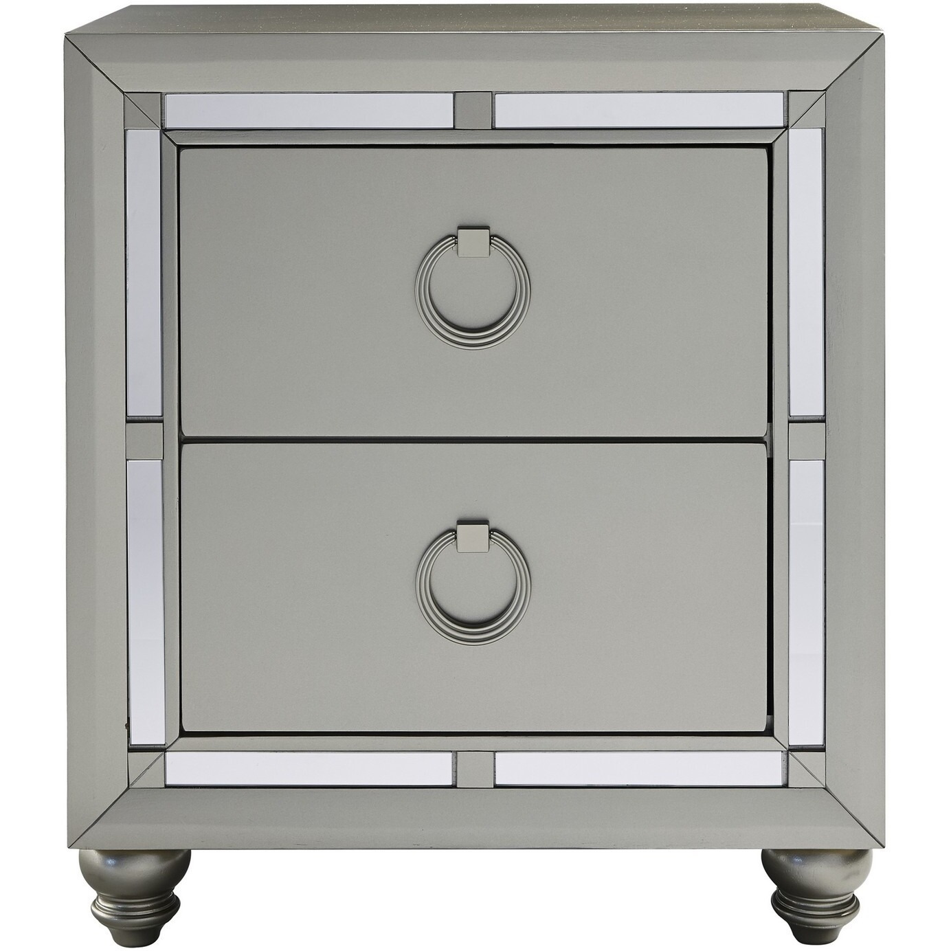Silver Champagne Tone Nightstand With 2 Drawer  Mirror Trim Accent
