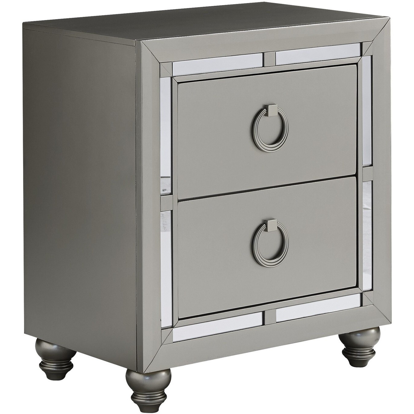 Silver Champagne Tone Nightstand With 2 Drawer  Mirror Trim Accent