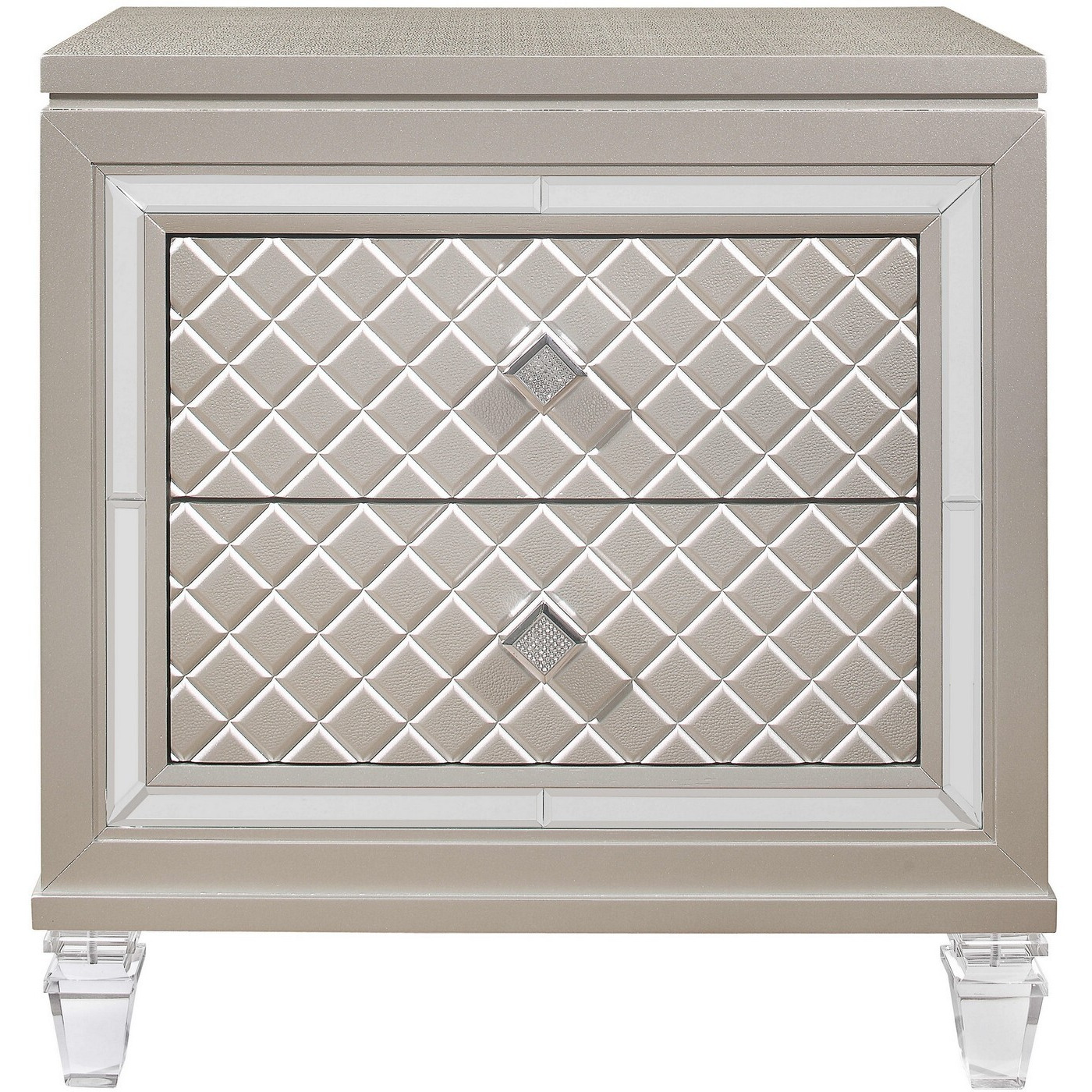 Champagne Toned Nightstand With Tapered Acrylic Legs And 2 Drawers