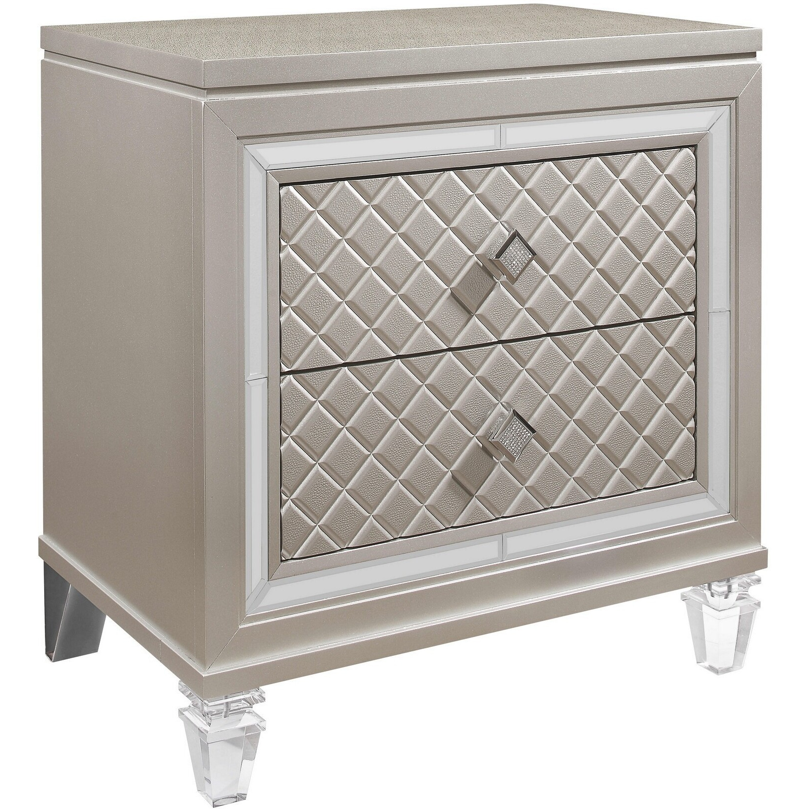 Champagne Toned Nightstand With Tapered Acrylic Legs And 2 Drawers