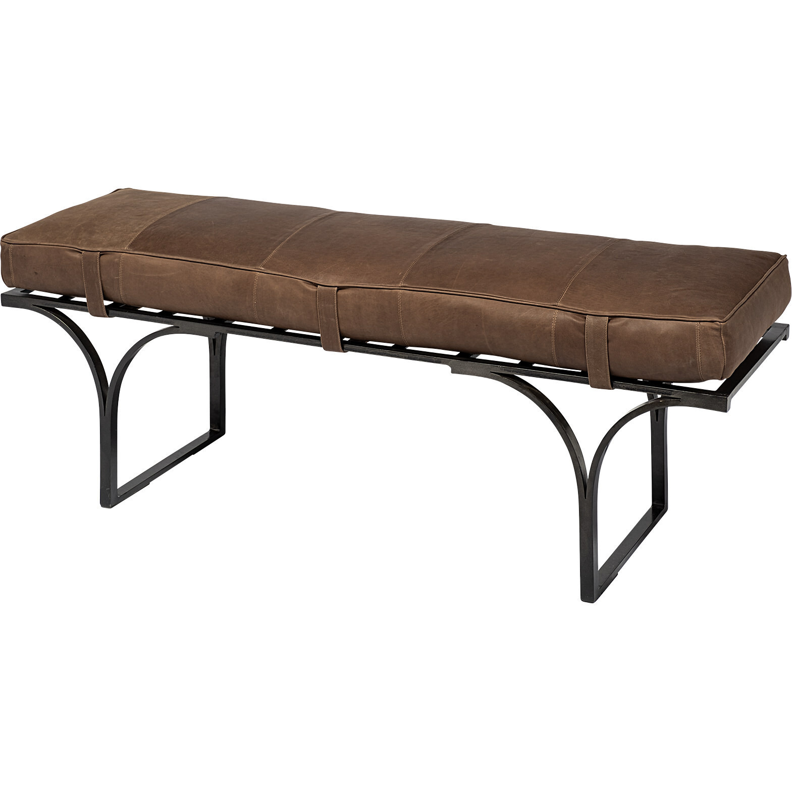 Rectangular Metalmatte-Black Antiqued Brown Genuine Leather Seat Accent Bench