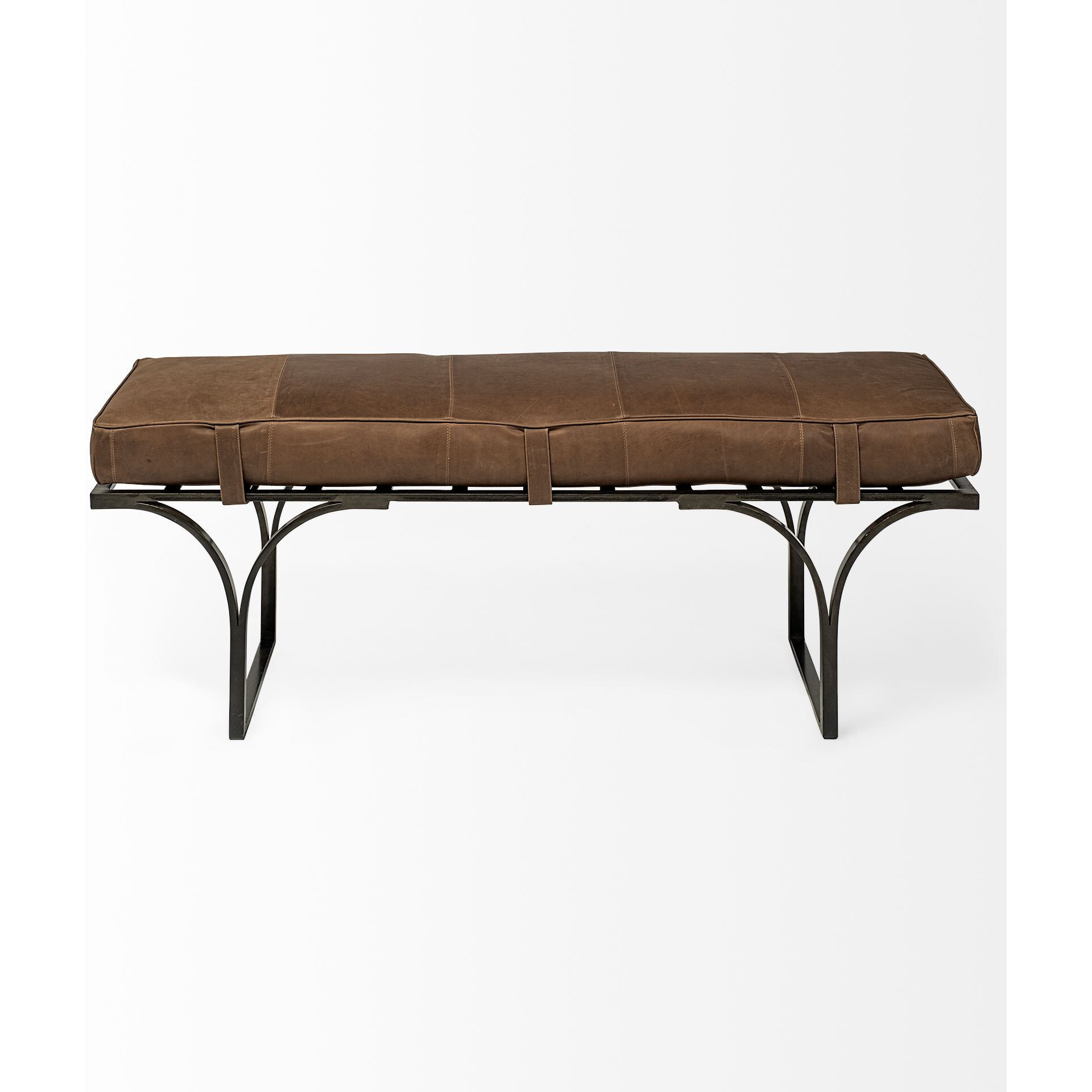 Rectangular Metalmatte-Black Antiqued Brown Genuine Leather Seat Accent Bench
