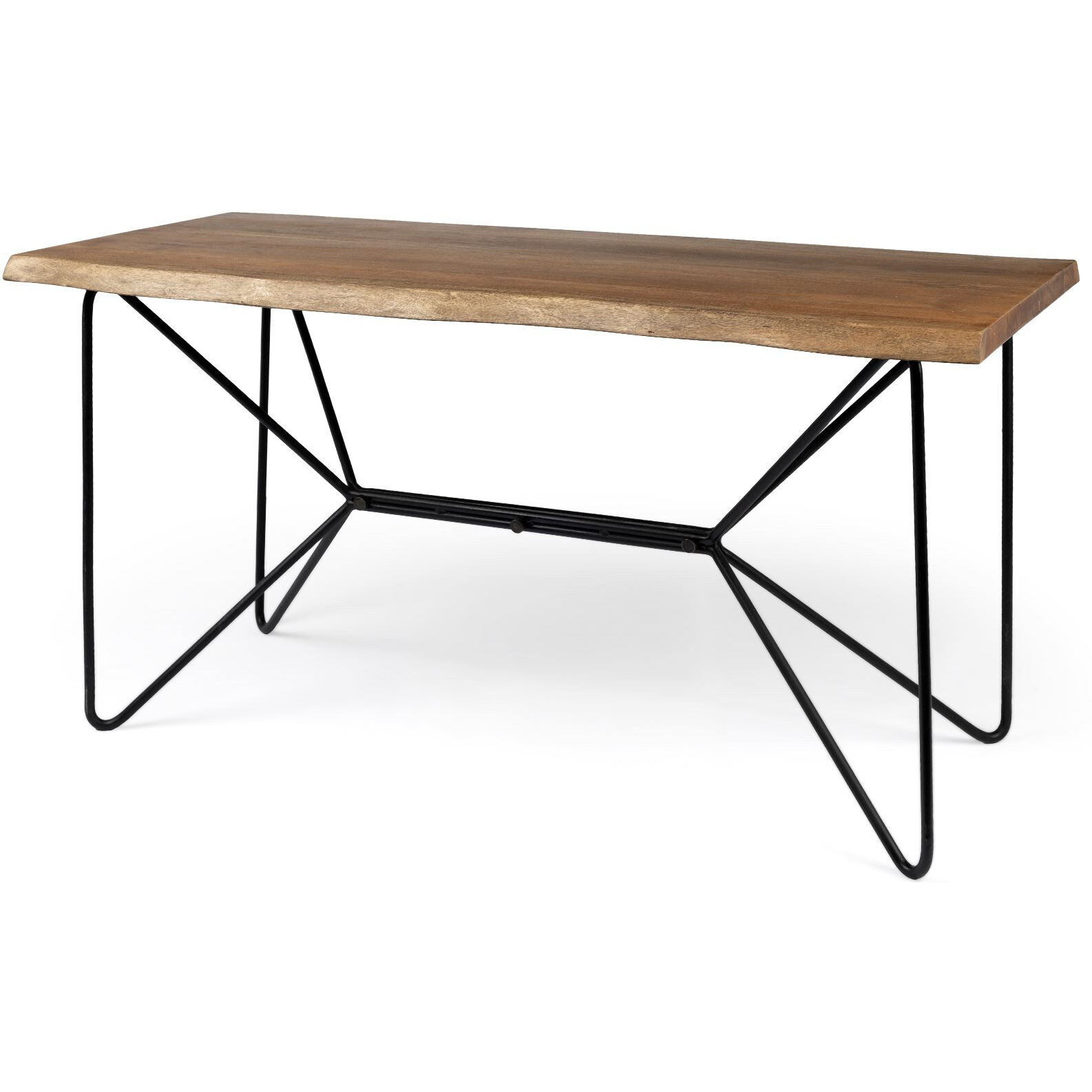 Medium Brown Live Edge Acacia Wood Finish Office Desk With Black Matte Butterfly Wing Shaped Base