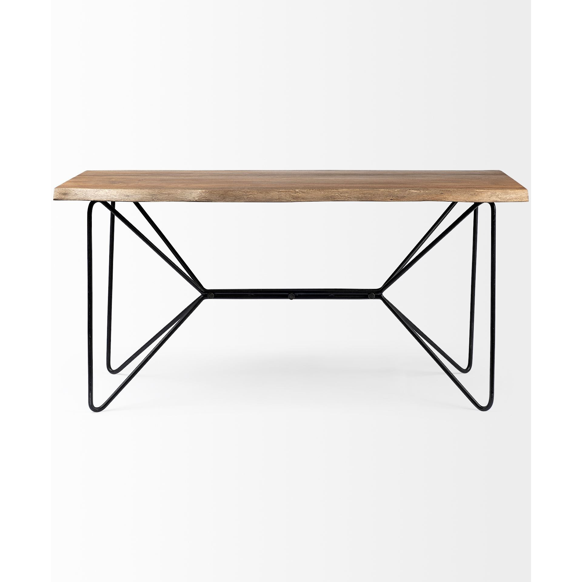 Medium Brown Live Edge Acacia Wood Finish Office Desk With Black Matte Butterfly Wing Shaped Base