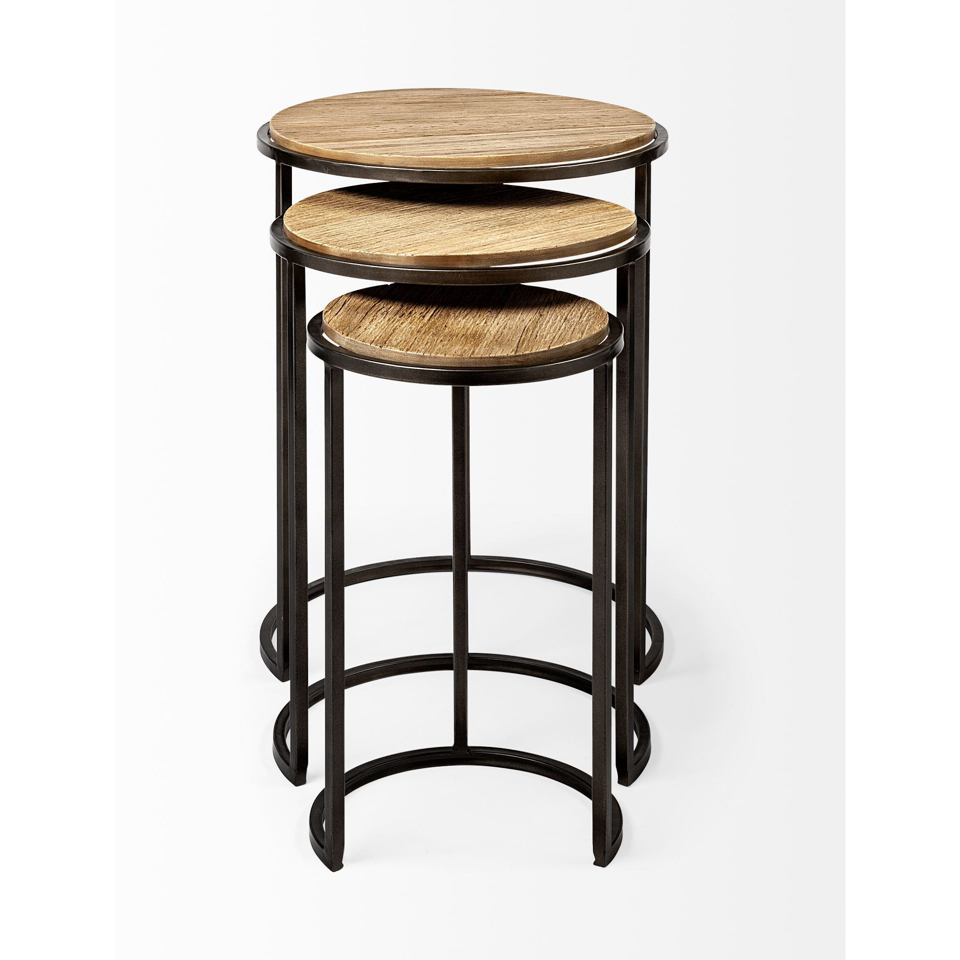 Set Of 3 Brown Wood Round Top Accent Tables With Iron Nesting