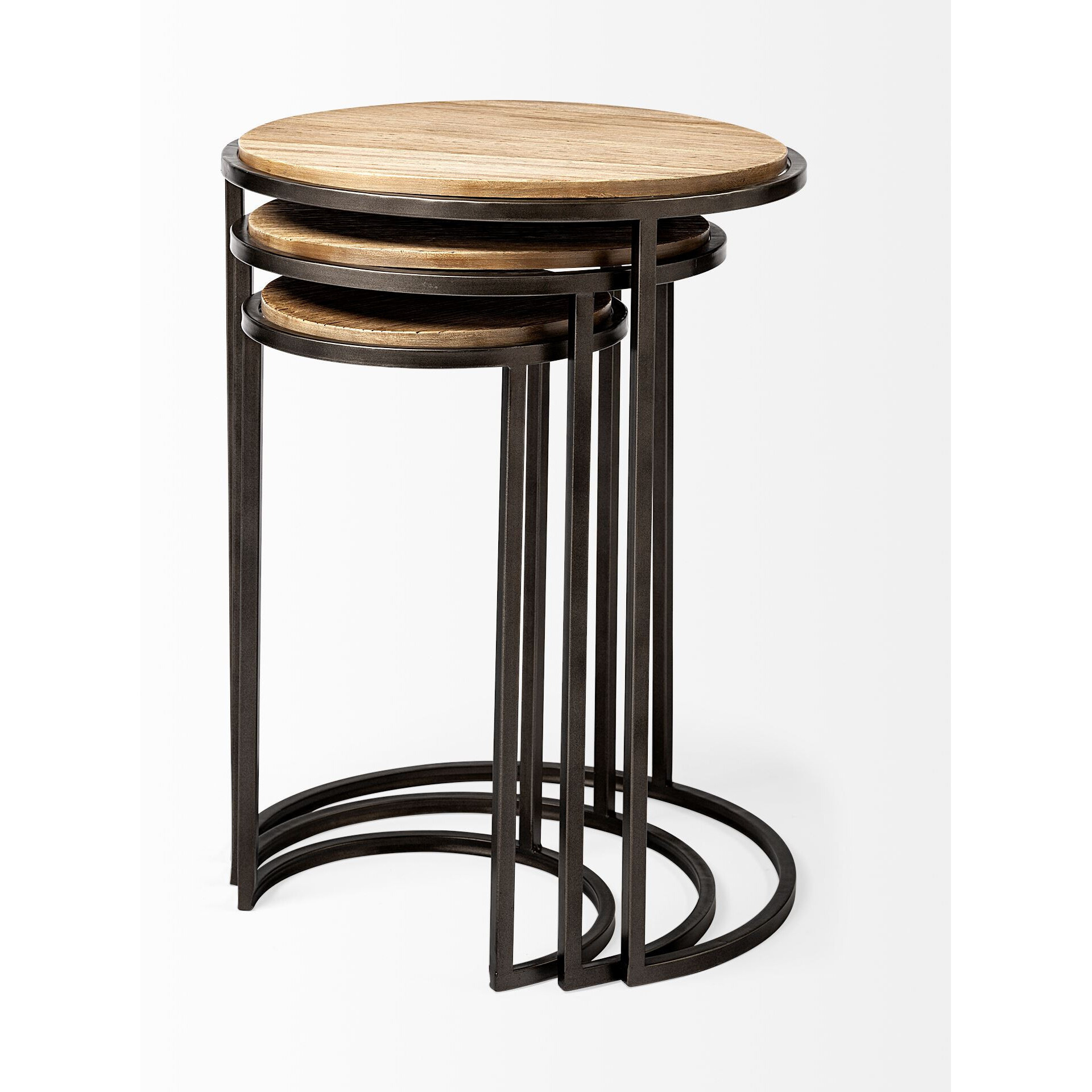 Set Of 3 Brown Wood Round Top Accent Tables With Iron Nesting