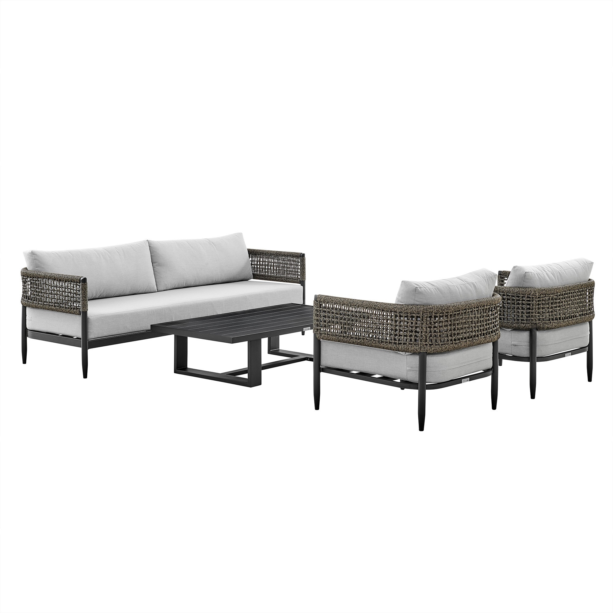 Alegria 4 Piece Outdoor Black Aluminum & Rope Conversation Set With Light Gray Fabric Cushions