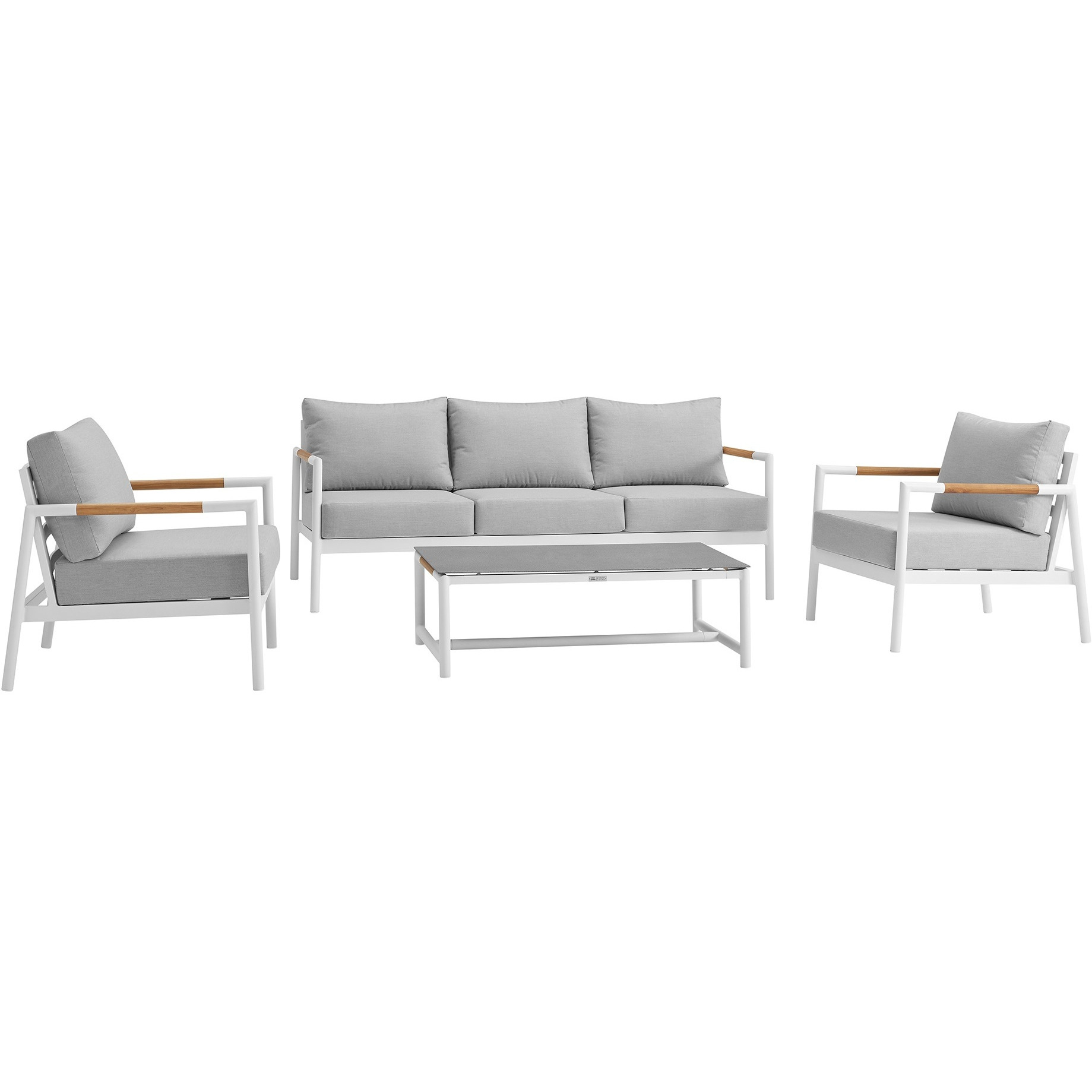 Crown 4 Piece White Aluminum And Teak Outdoor Seating Set With Light Gray Cushions