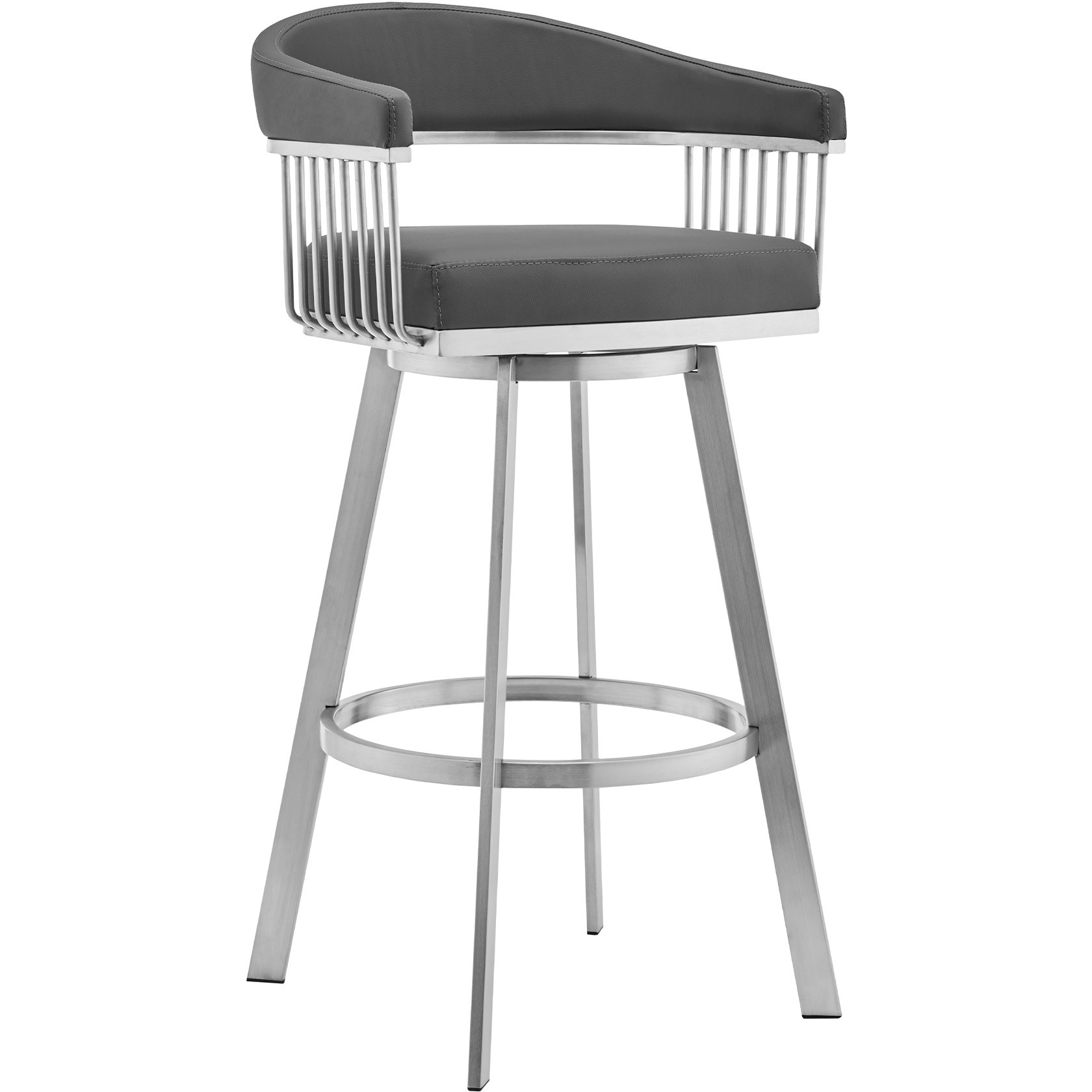 Chelsea 26"" Gray Faux Leather And Brushed Stainless Steel Swivel Bar Stool