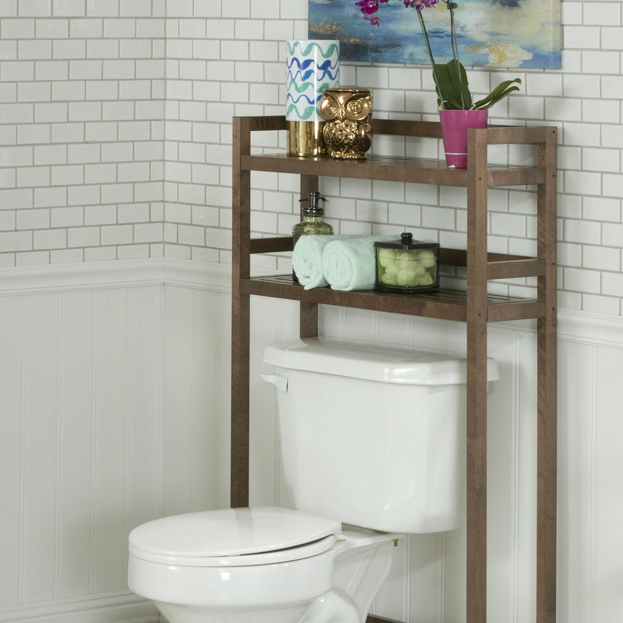 48"" Chestnut Finish 2 Tier Solid Wood Over Toilet Organizer