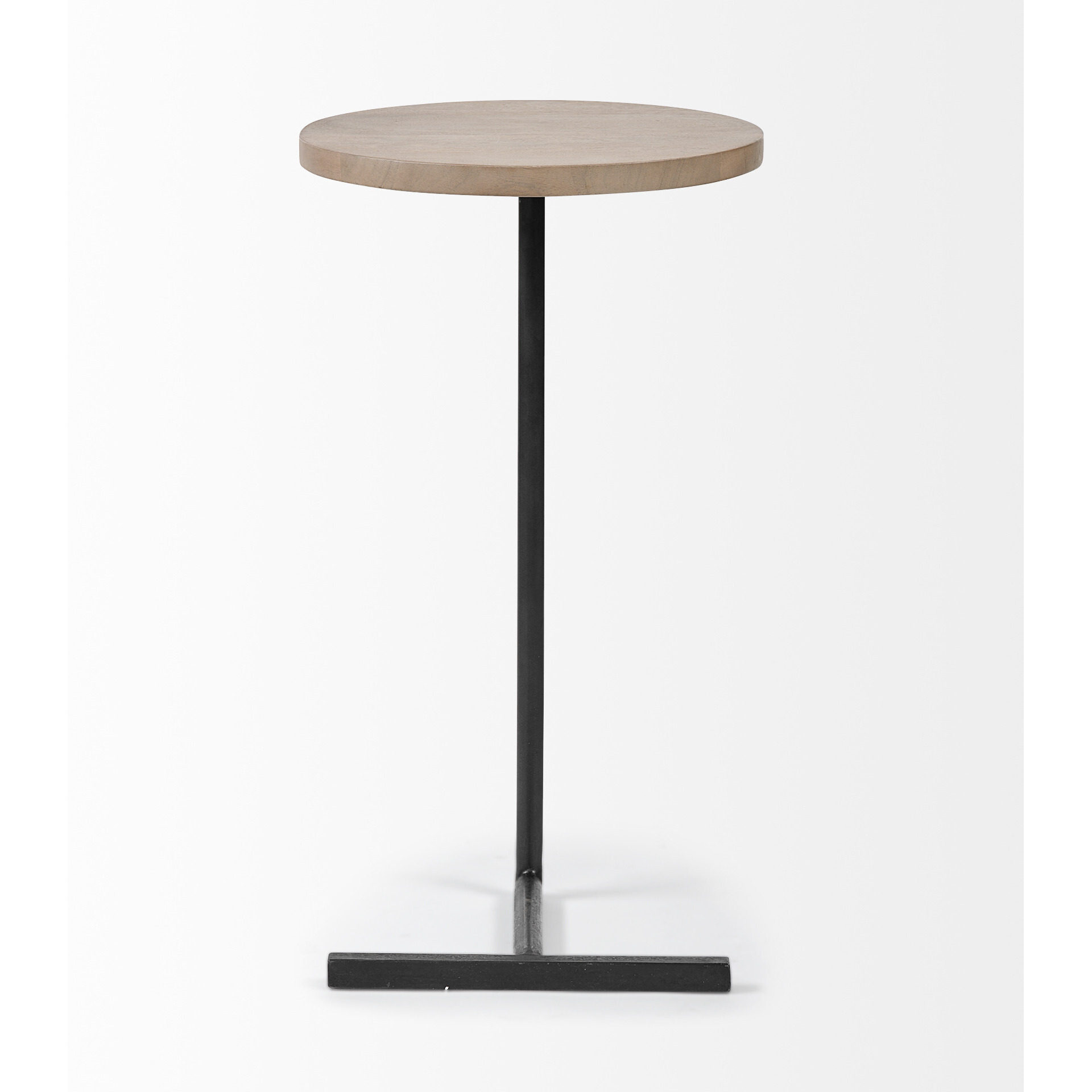 Brown Wood Round Top Accent Table With Black Iron Base