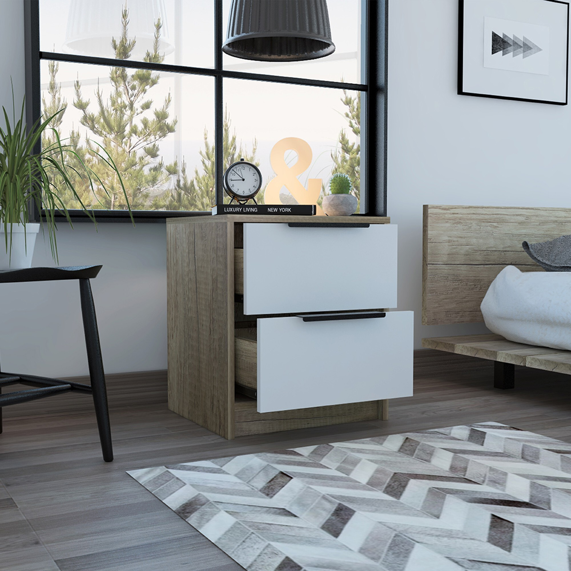 Mod Light Oak And White Two Drawer Nightstand