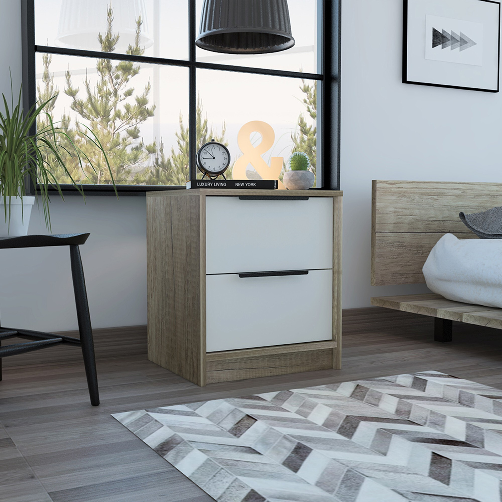 Mod Light Oak And White Two Drawer Nightstand