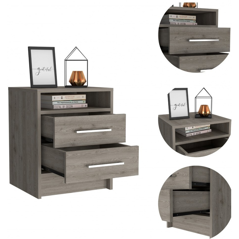 Light Grey Open Compartment Two Drawer Nightstand