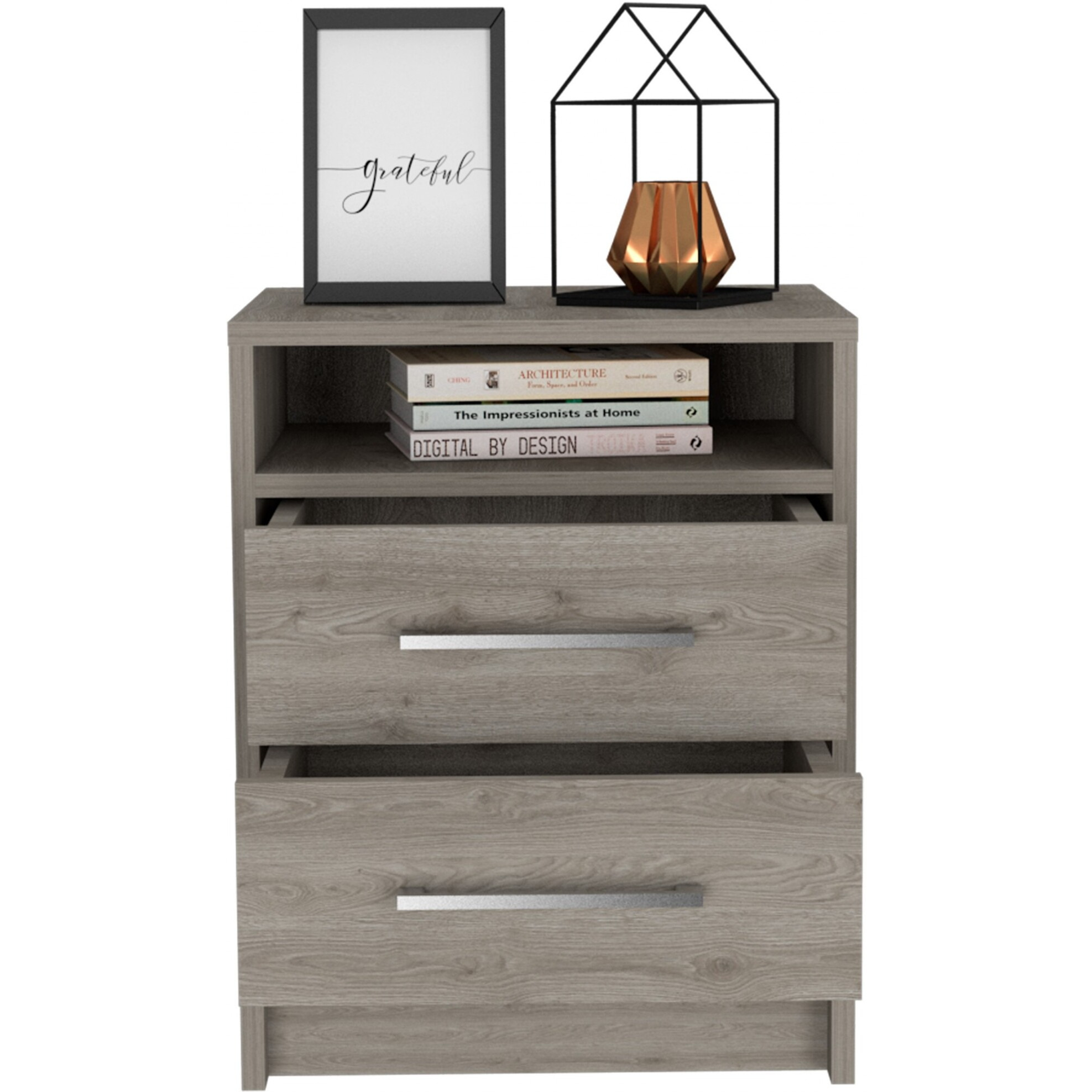 Light Grey Open Compartment Two Drawer Nightstand