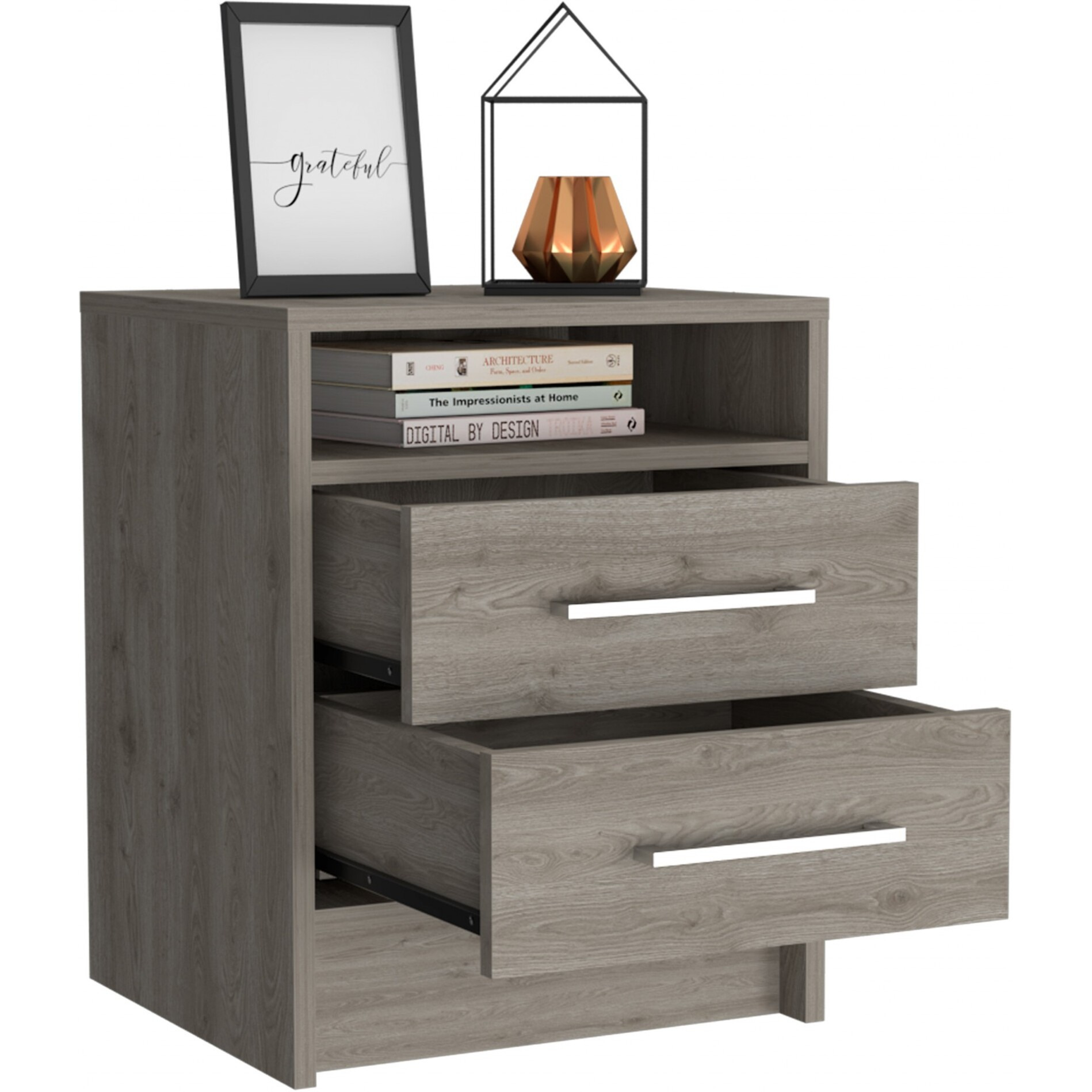 Light Grey Open Compartment Two Drawer Nightstand
