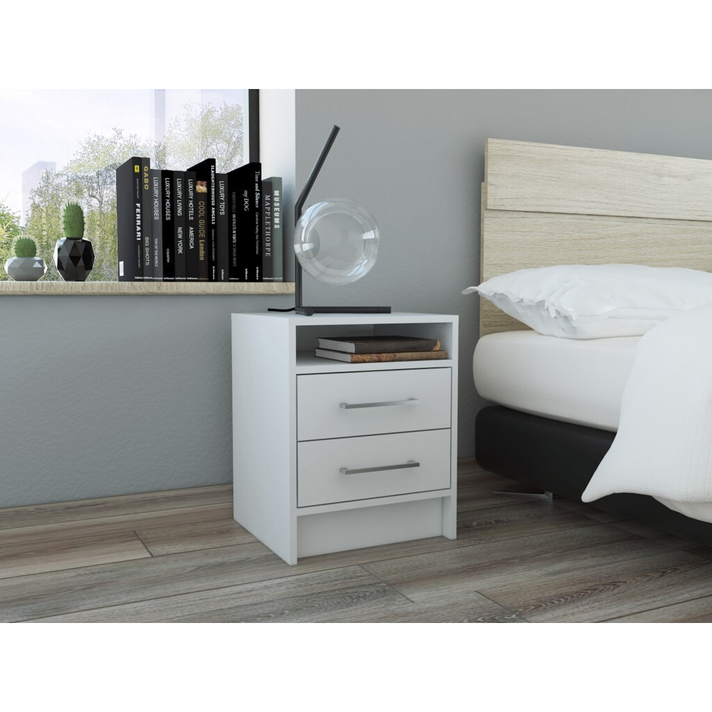 White Open Compartment Two Drawer Nightstand