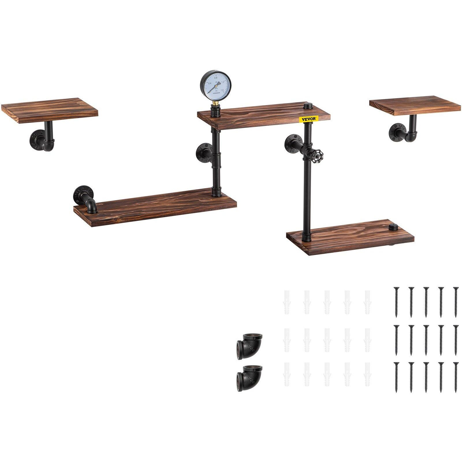 Vevor Industrial Pipe Shelving  Pipe Shelves With 5-Tier Wood Planks  Rustic Floating Shelves Wall Mounted  Wall Shelf Diy Bookshelf For Bar Kitchen Bathroom Farmhouse Living Room  47X28X9 Inch
