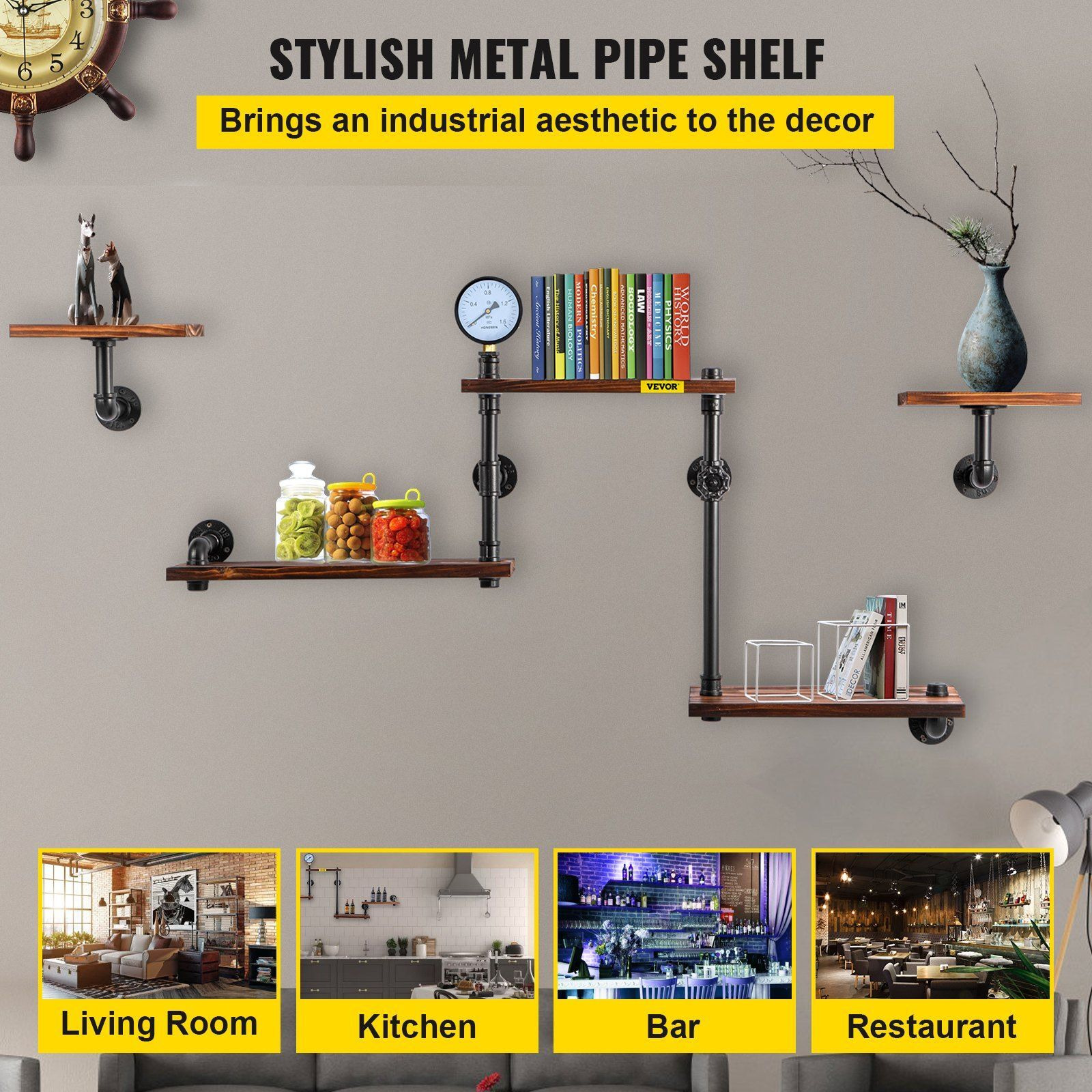 Vevor Industrial Pipe Shelving  Pipe Shelves With 5-Tier Wood Planks  Rustic Floating Shelves Wall Mounted  Wall Shelf Diy Bookshelf For Bar Kitchen Bathroom Farmhouse Living Room  47X28X9 Inch