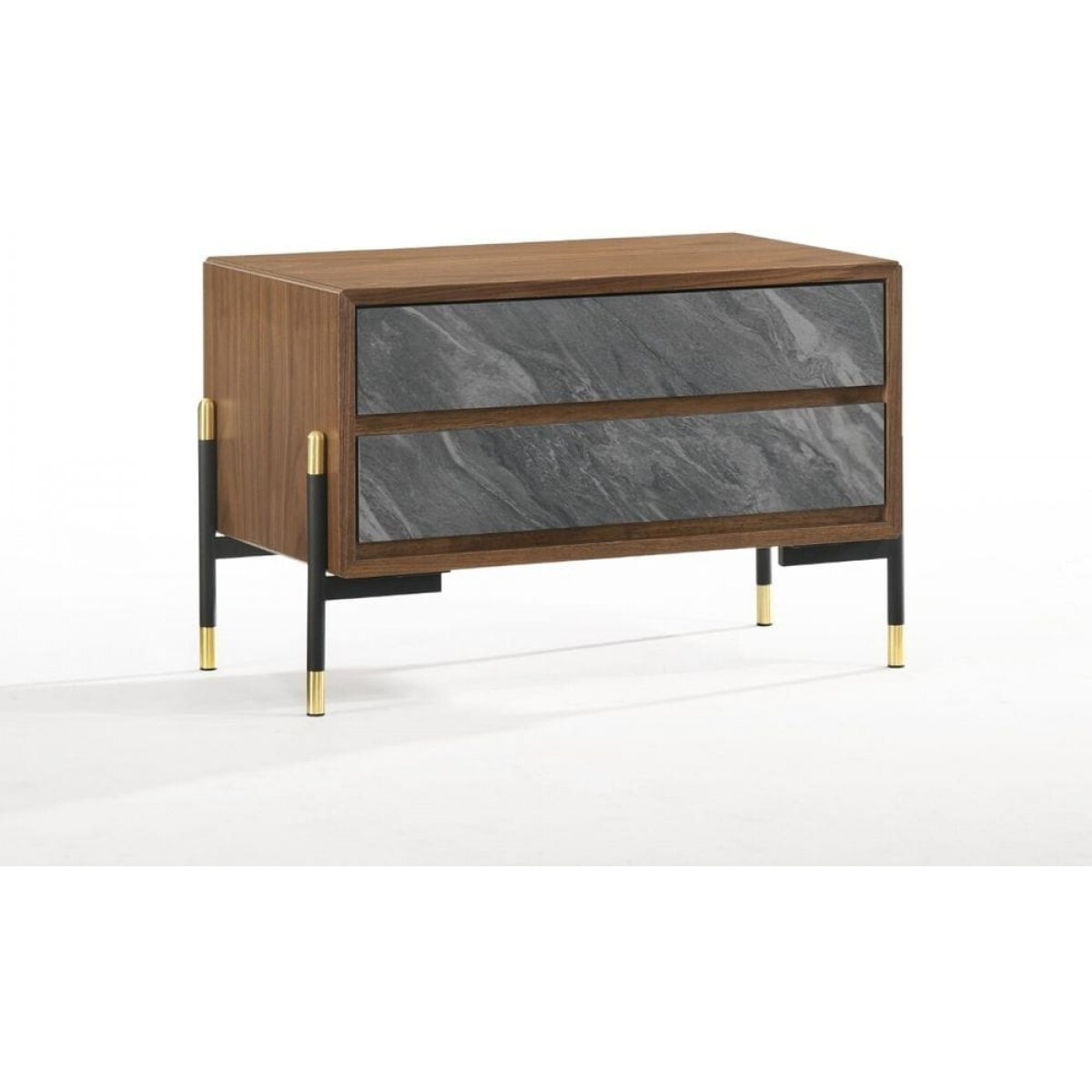 Mid Century Walnut And Gray Faux Marble Two Drawer Nightstand