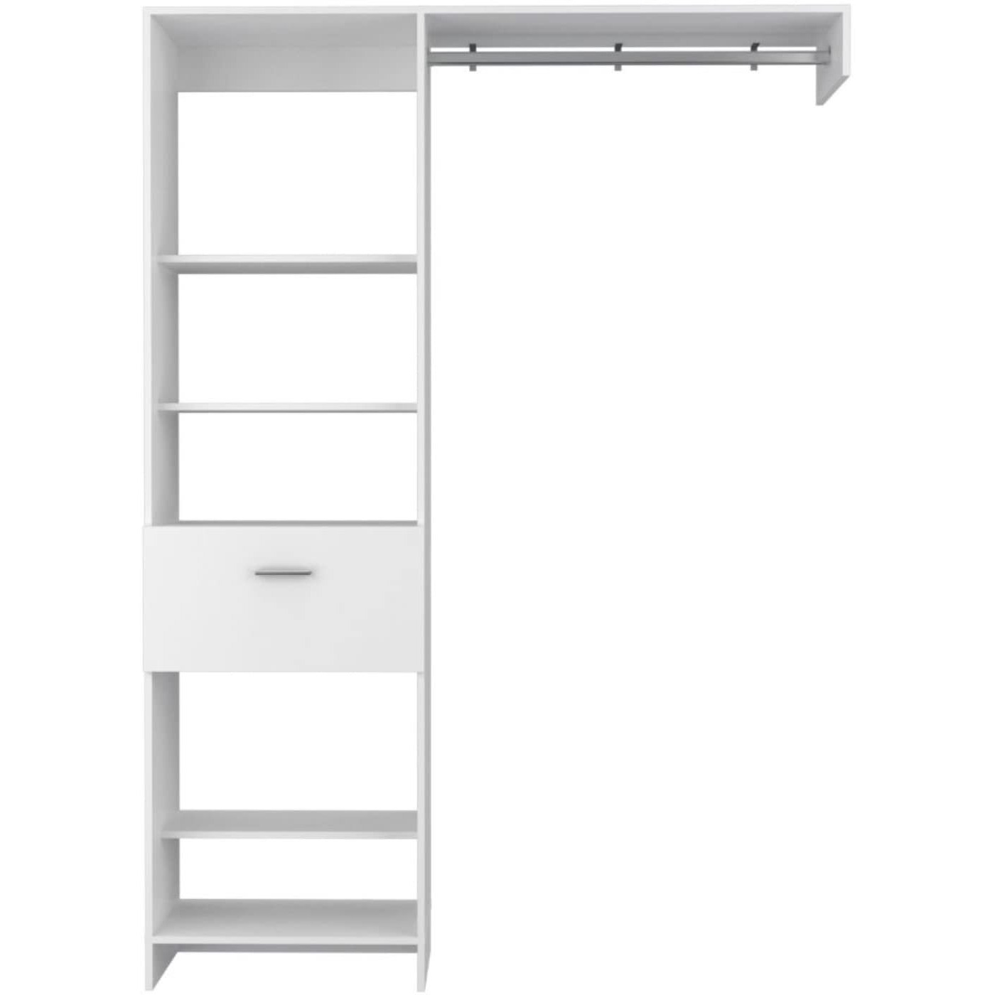 Depot E-Shop Dynamic Closet System  Five Open Shelves  One Drawer  One Metal Rod-White  For Bedroom
