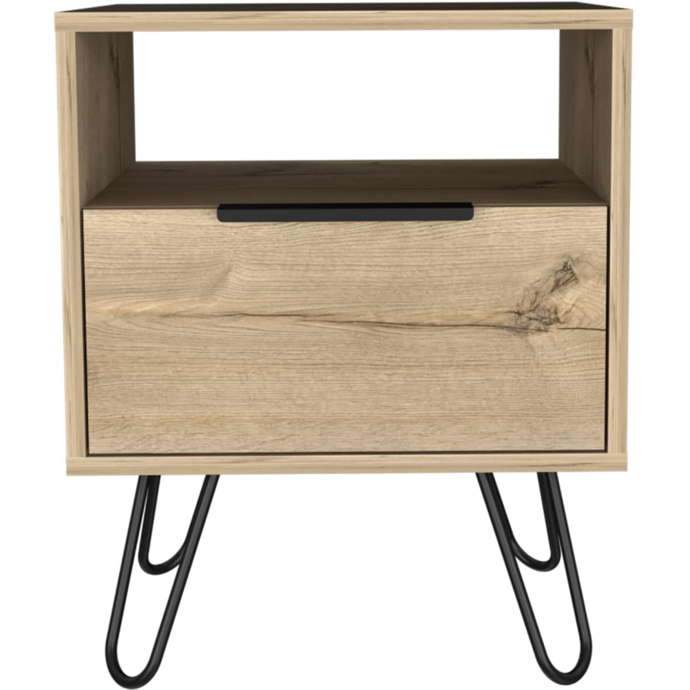 Depot E-Shop Begonia Night Stand-Two Shelves  One-Door Drawer  Four Steel Legs-Light Oak  For Bedroom